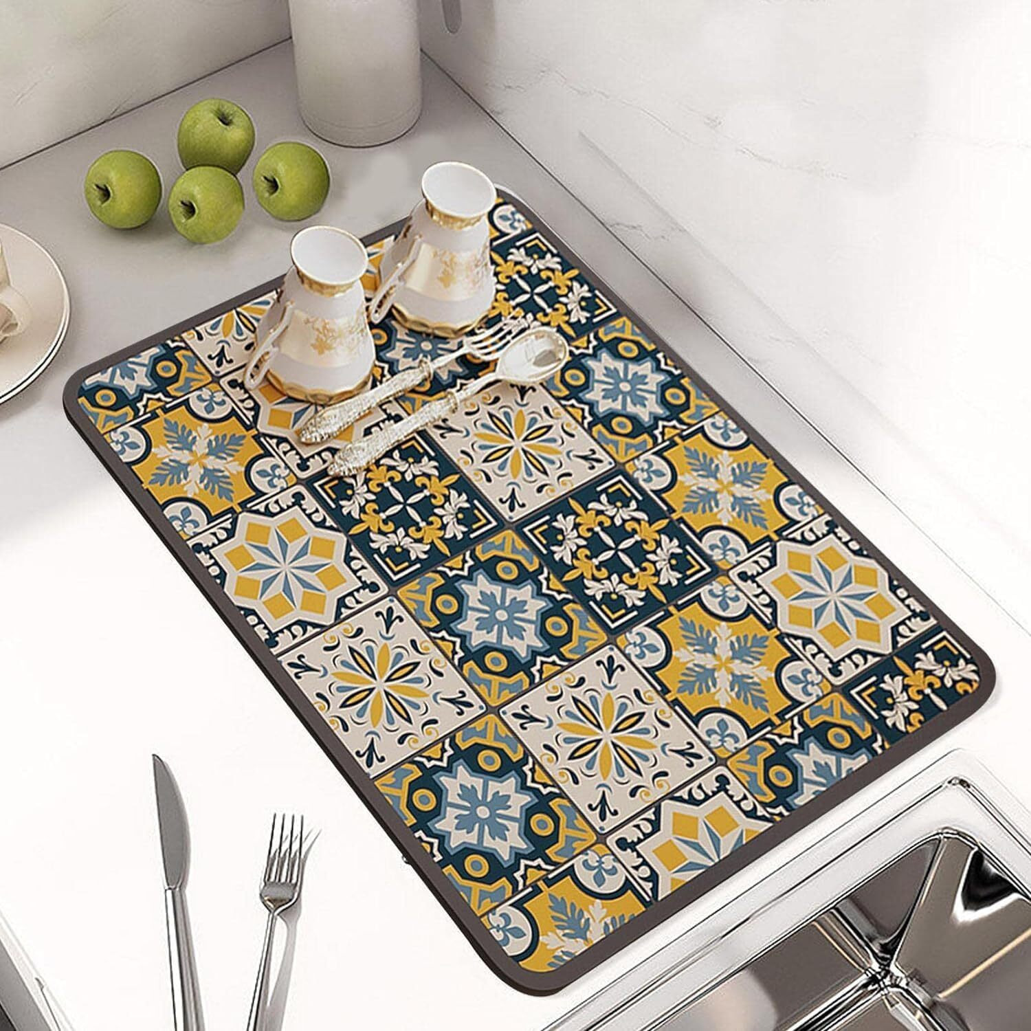 Homecloud Dish Drying Mat For Kitchen Counter Hide Stain Super Absorbent, Non-Slip, Heat-Resistant, Great For Dishes,Rack Pad, Kitchen Counter, Coffee Maker (40X50Cm, Yellow_Grey_Leaf)