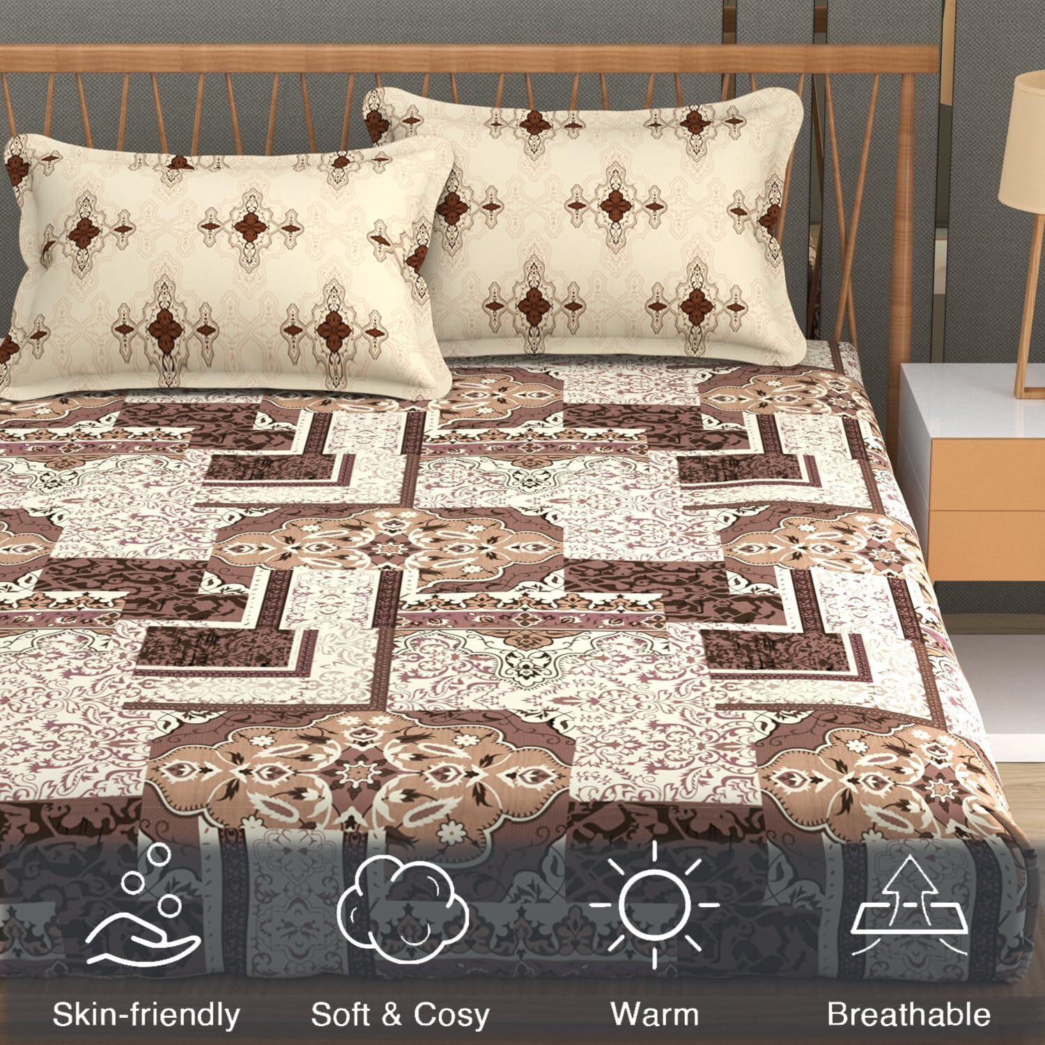 Fresh From Loom Microfiber Cotton Bedsheet Queen Size | 240 Tc Queen Size Soft Bed Cover With 2 Pillow Cover | Hypoallergenic Bedsheet For Double Bed | Anti Fade And Printed (90X100 Inch, Coffee)