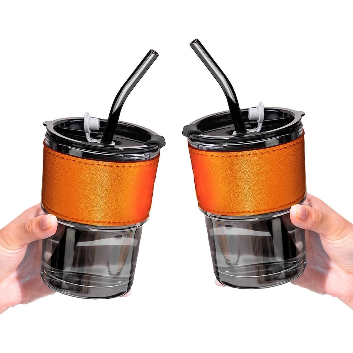 Kikiluxxa Black Glass Kids Fruit Juice Milk Sipper Tumbler Mug With Straw And Lid - 435Ml - Pacl Of 2 - Green Tea Coffee Soda Can Cup With Straw (B Zondo 2)