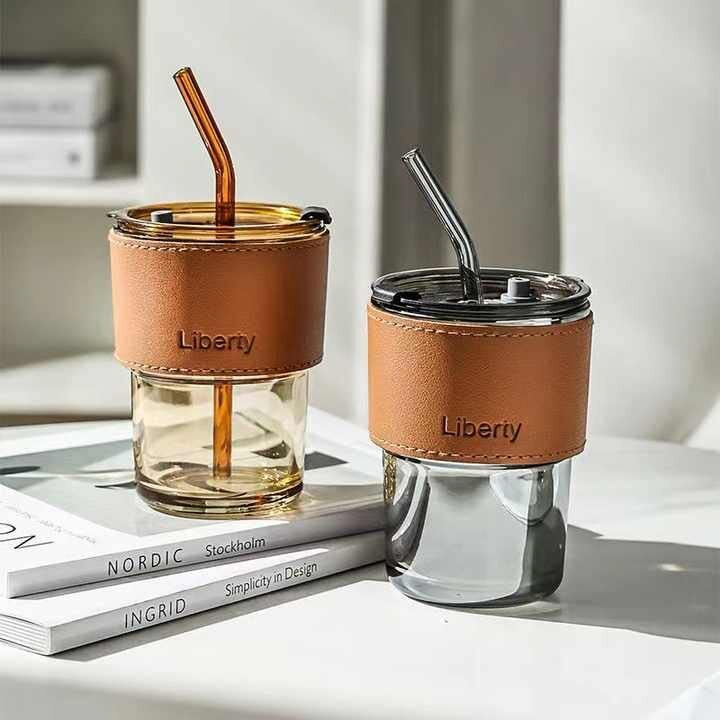 Kikiluxxa Black Glass Kids Fruit Juice Milk Sipper Tumbler Mug With Straw And Lid - 435Ml - Pacl Of 2 - Green Tea Coffee Soda Can Cup With Straw (B Zondo 2)
