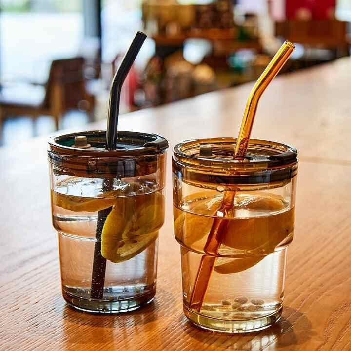 Kikiluxxa Black Glass Kids Fruit Juice Milk Sipper Tumbler Mug With Straw And Lid - 435Ml - Pacl Of 2 - Green Tea Coffee Soda Can Cup With Straw (B Zondo 2)