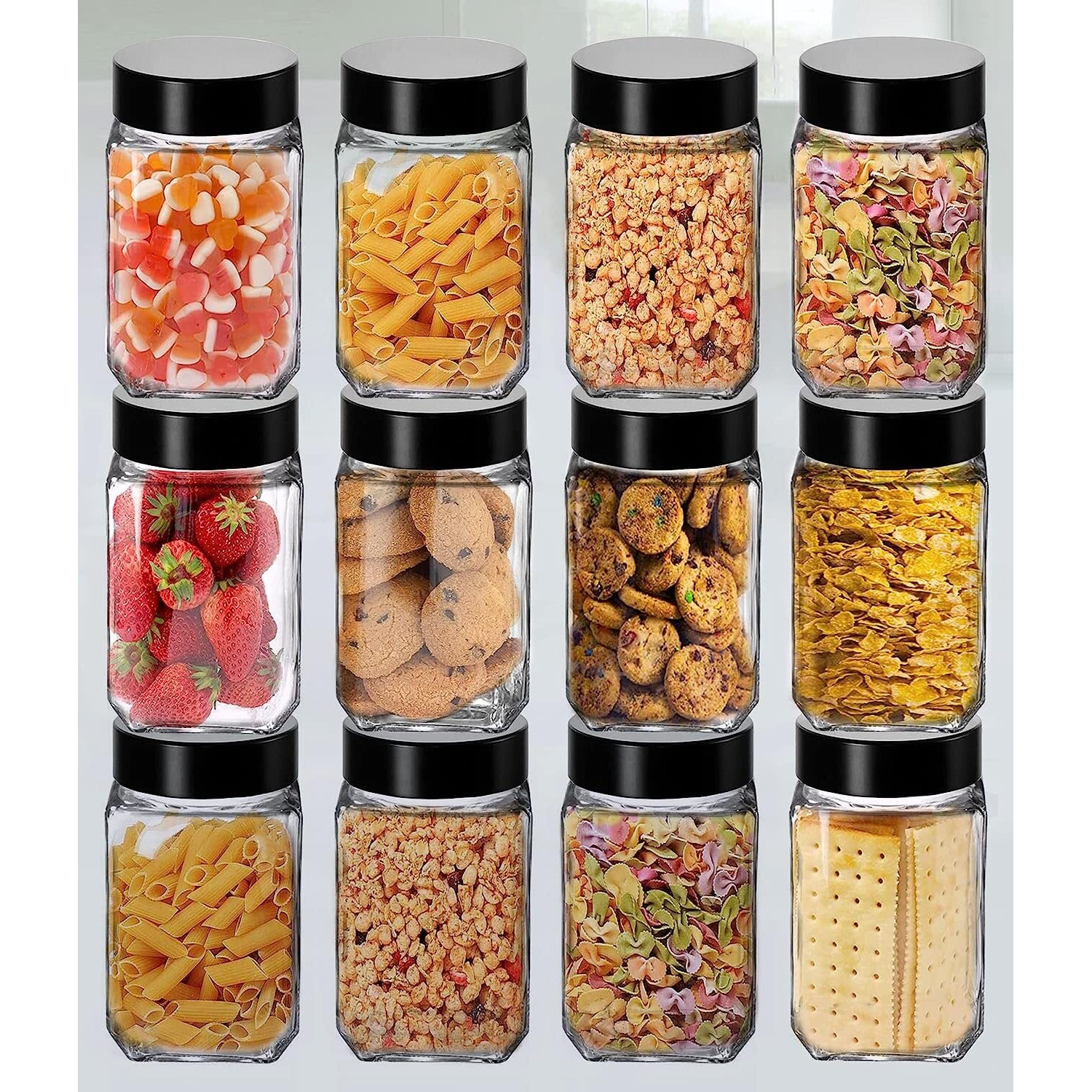 Feelopie Piramal Glass Square Clear Jars & Containers For Kitchen Pantry, Honey, Pickles, Cookies, Dry Fruits, Coffee Beans Storage With Black Color Plastic Lid (Cube Jar, 300Ml, Set Of 12)