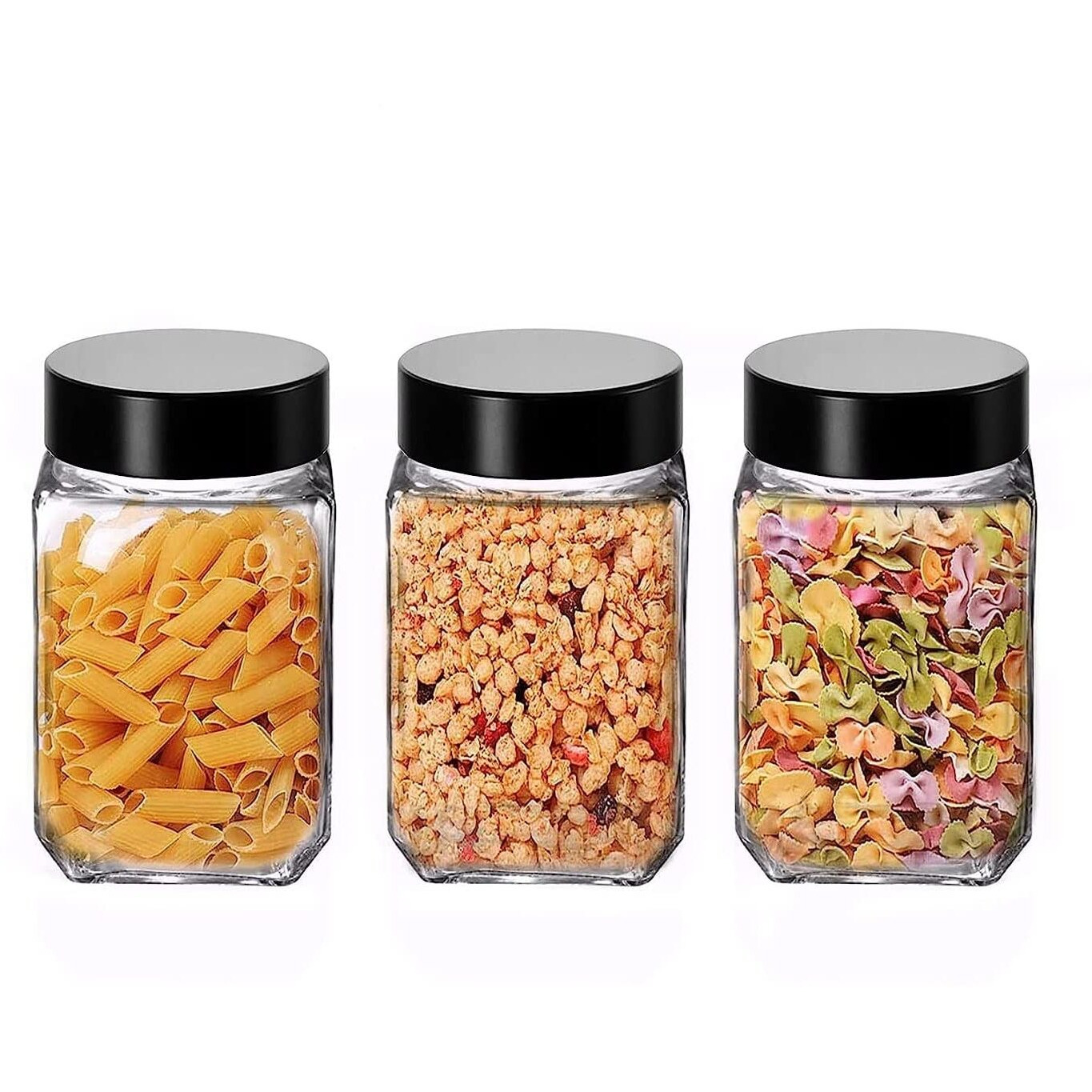 Feelopie Piramal Glass Square Clear Jars & Containers For Kitchen Pantry, Honey, Pickles, Cookies, Dry Fruits, Coffee Beans Storage With Black Color Plastic Lid (Cube Jar, 300Ml, Set Of 12)