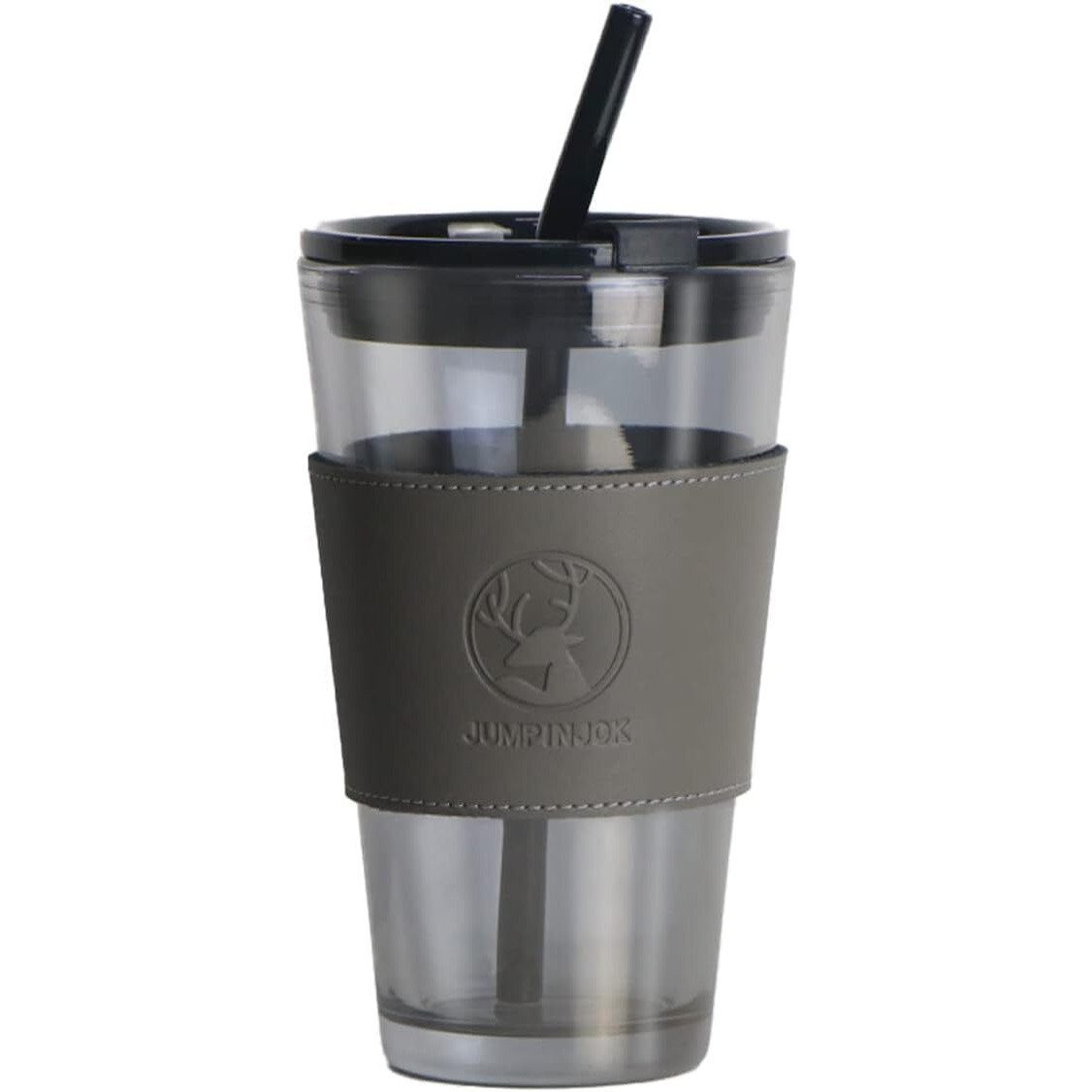 Kikiluxxa Black Glass Coffee Sipper Mug With Leather Sleeve Pack Of 1, Clear Drinking Glasses Tumblers With Straws And Lids For Iced Tea,Juice,Cocktail,Smoothies Cold & Hot Drink Cups,400 Ml