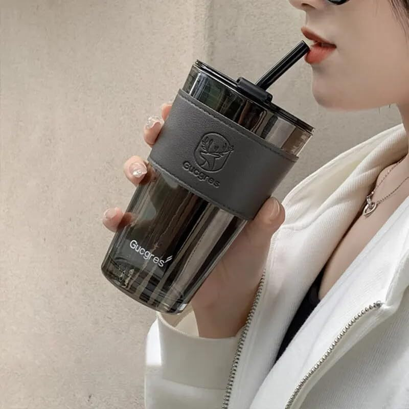 Kikiluxxa Black Glass Coffee Sipper Mug With Leather Sleeve Pack Of 1, Clear Drinking Glasses Tumblers With Straws And Lids For Iced Tea,Juice,Cocktail,Smoothies Cold & Hot Drink Cups,400 Ml