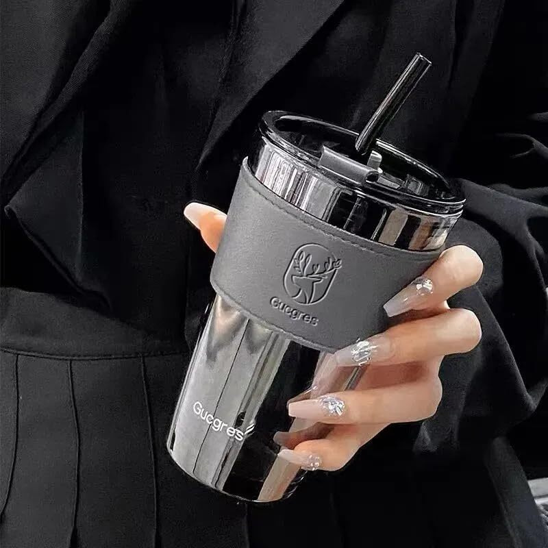 Kikiluxxa Black Glass Coffee Sipper Mug With Leather Sleeve Pack Of 1, Clear Drinking Glasses Tumblers With Straws And Lids For Iced Tea,Juice,Cocktail,Smoothies Cold & Hot Drink Cups,400 Ml