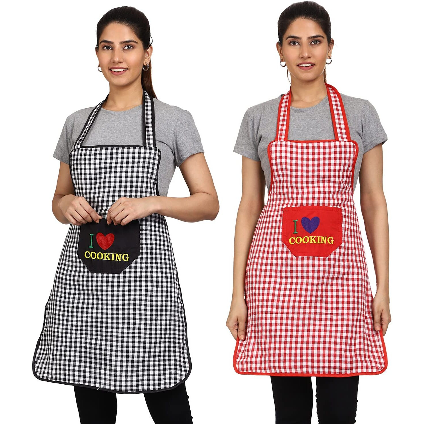 Jmi Cotton Checkered Design Waterproof Apron With Multipurpose Front Large Embroidered Pocket Pack Of 2 (Red & Black)