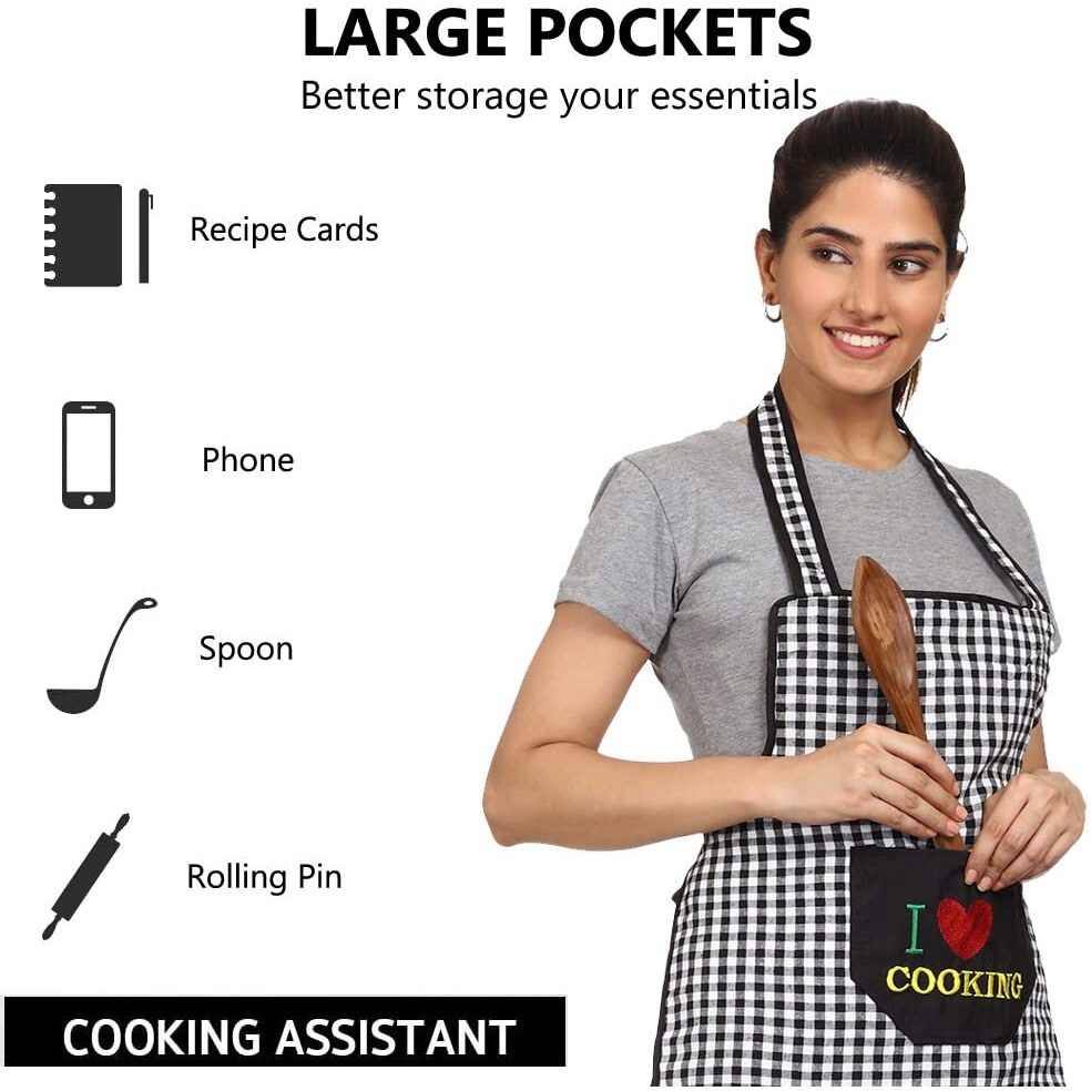 Jmi Cotton Checkered Design Waterproof Apron With Multipurpose Front Large Embroidered Pocket Pack Of 2 (Red & Black)