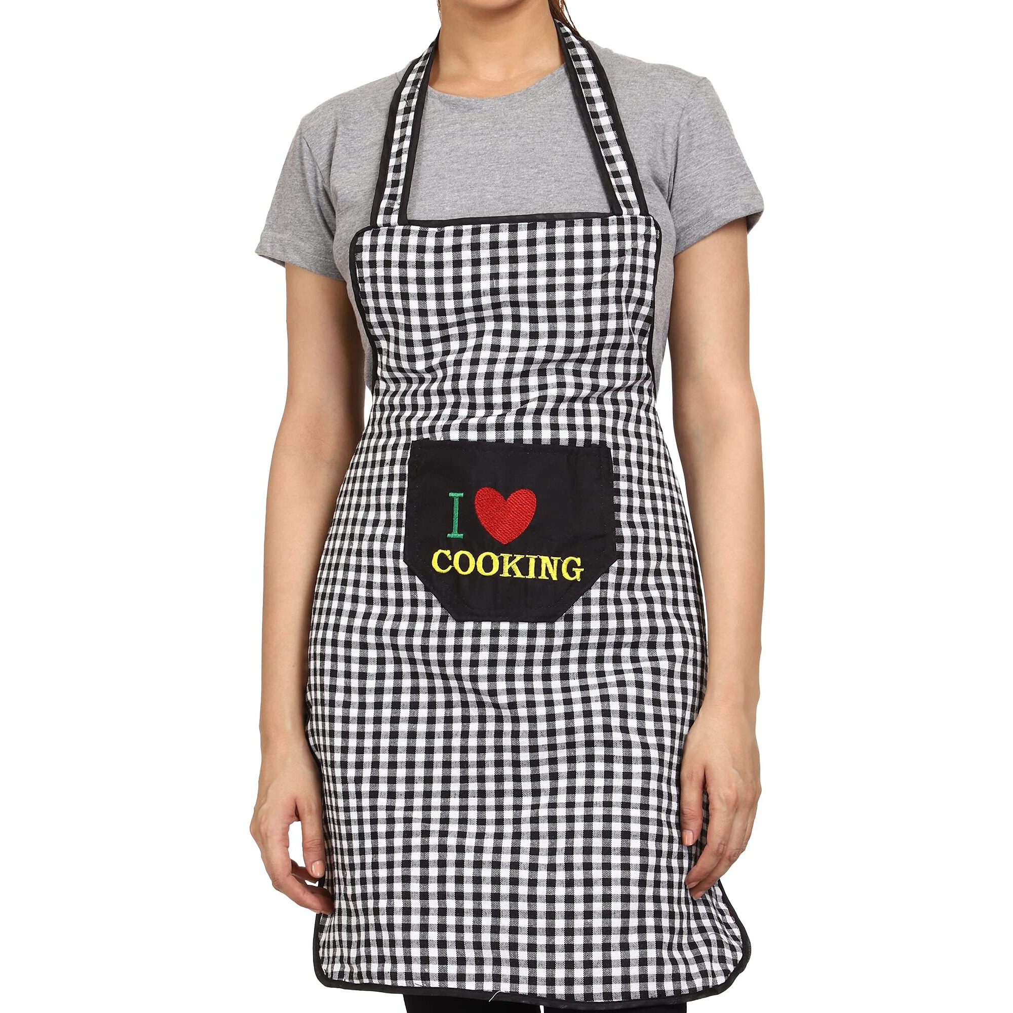 Jmi Cotton Checkered Design Waterproof Apron With Multipurpose Front Large Embroidered Pocket Pack Of 2 (Red & Black)