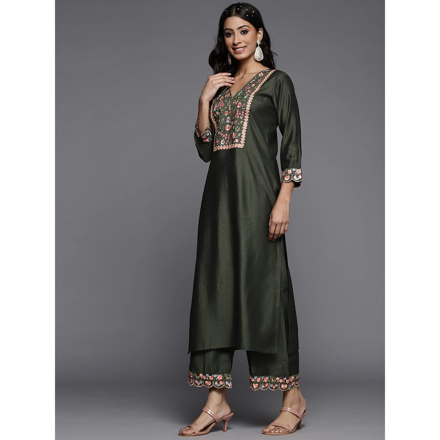 Indo Era Women's Viscose Embroidered Straight Kurta With Palazzo Dupatta Set (Kh9Gn4702_Green_Xx-Large)