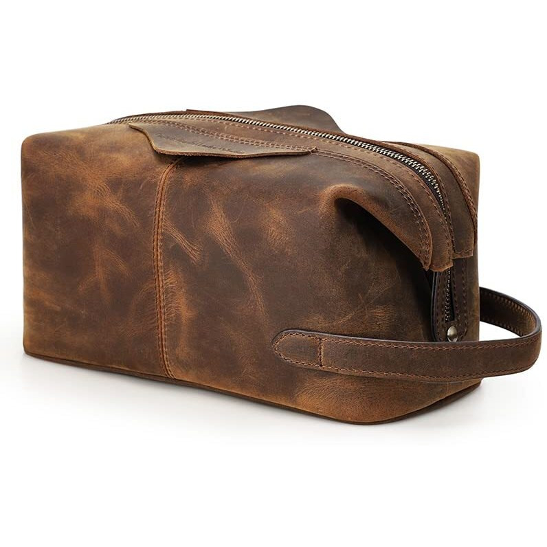 Contacts Unisex Genuine Leather Travel Toiletry Bags|Cosmetic Cases|Makeup Pouch|Vintage Travel Wash Storage Large Capacity Cosmetic Bag(Hunter Brown, W-14.5 Cm, Free Size