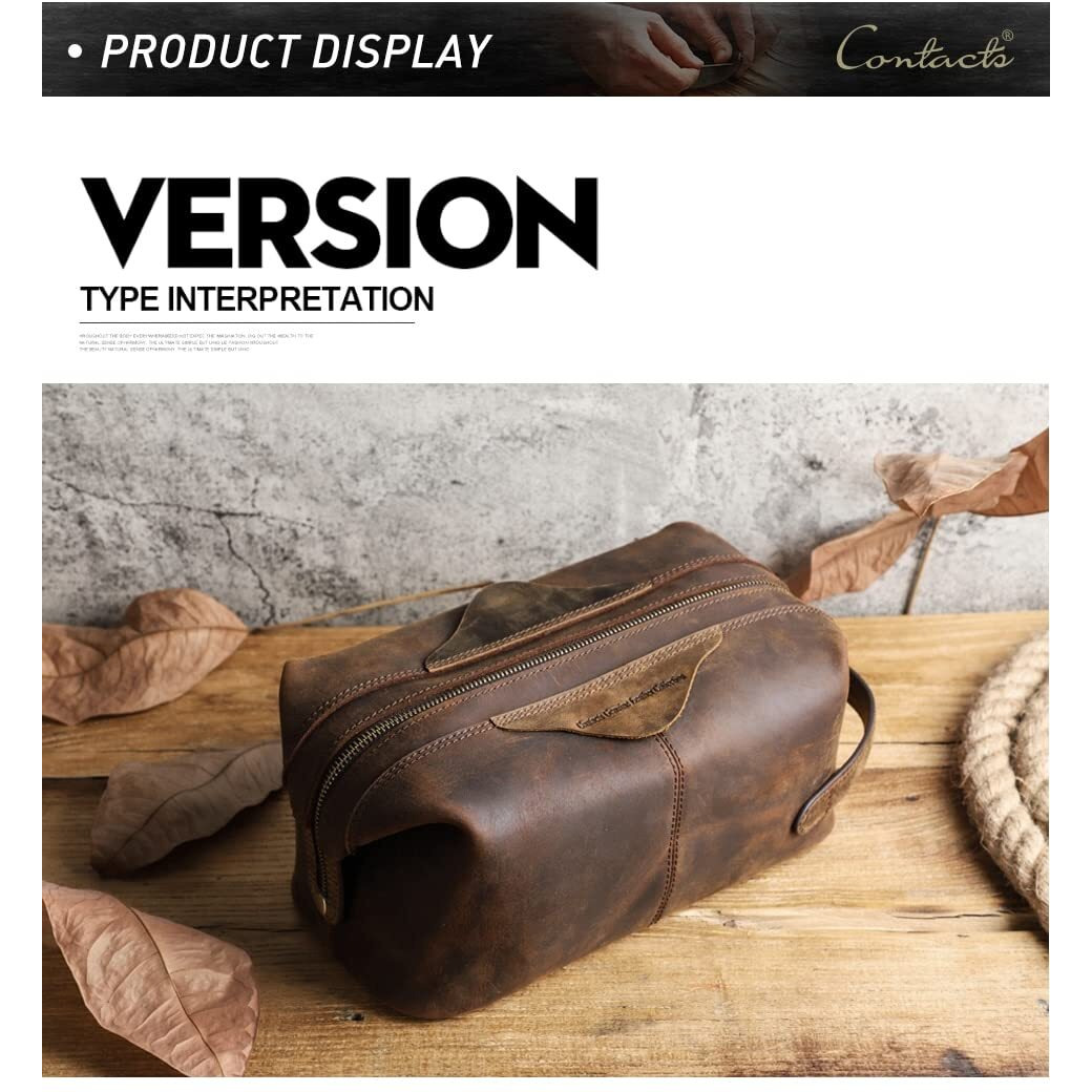 Contacts Unisex Genuine Leather Travel Toiletry Bags|Cosmetic Cases|Makeup Pouch|Vintage Travel Wash Storage Large Capacity Cosmetic Bag(Hunter Brown, W-14.5 Cm, Free Size