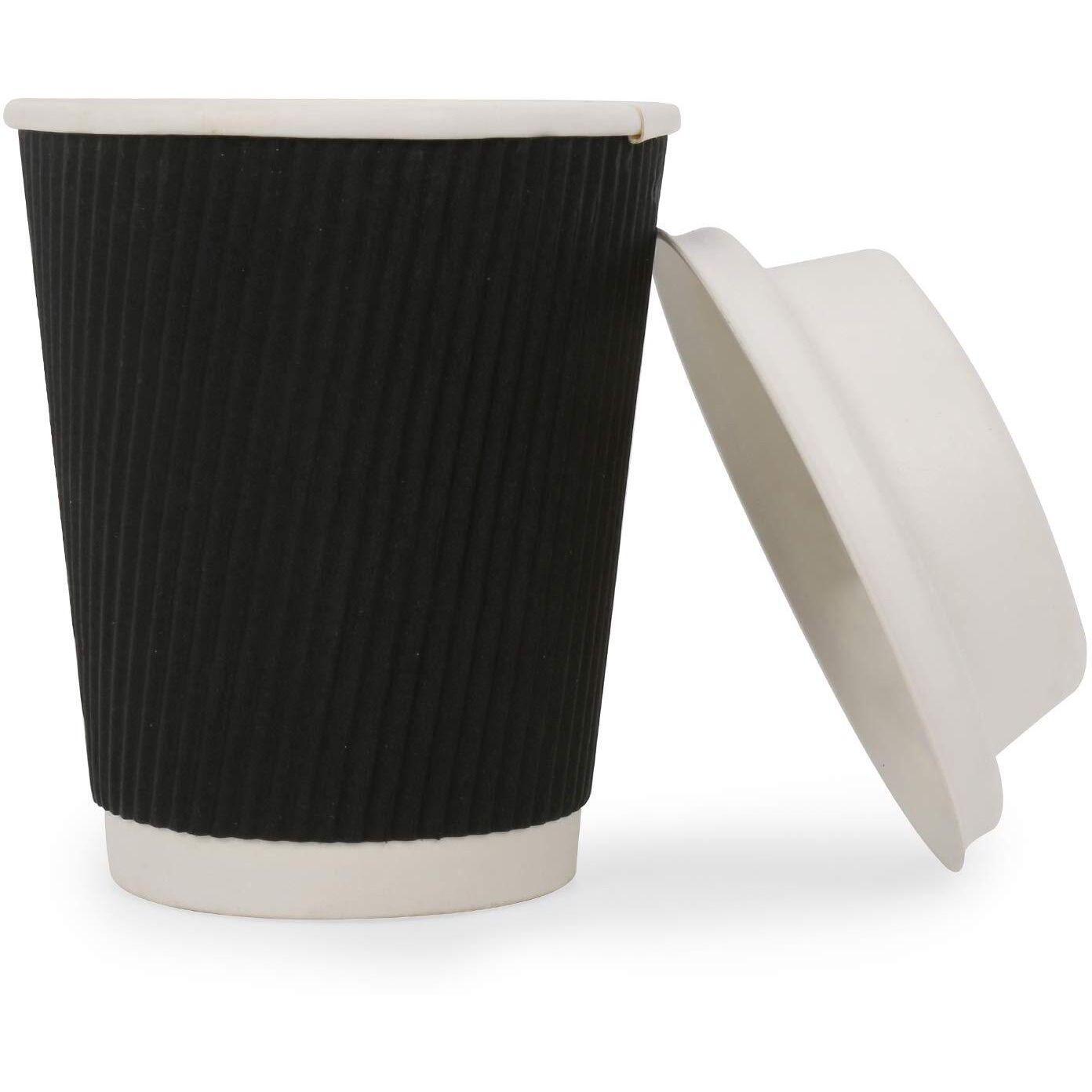 Sanwalsa (250 Ml,Black, 8 Oz- Pack Of 100-Piece Paper Disposable Ripple Cup With Lid(100% Biodegradable) Ecofriendly, Safe & Hygienic For Juice,Coffee,Tea,Home,Office,Party & Wedding Events