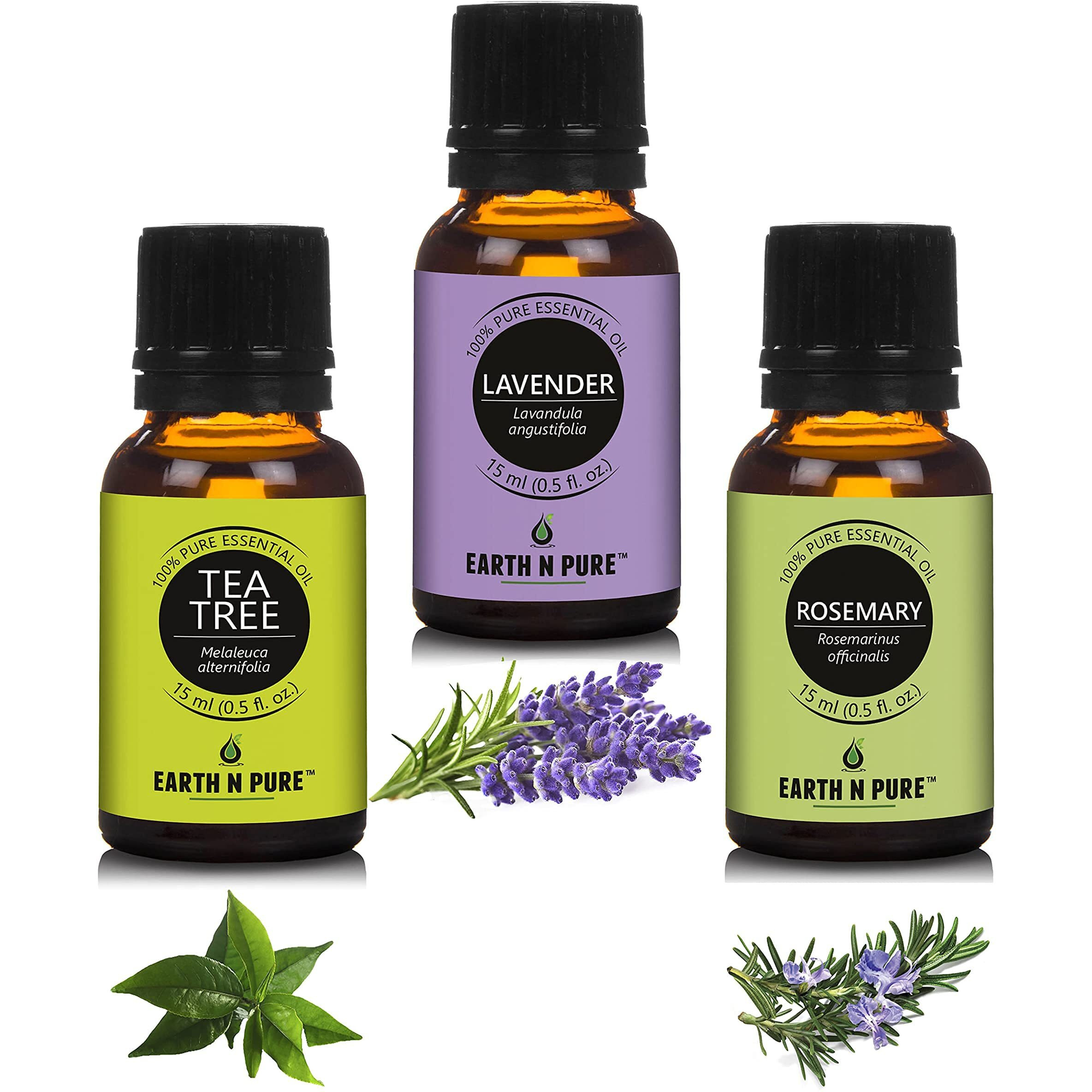 Earth N Pure Essential Oils (Tea Tree, Lavender & Rosemary) | Pack Of 3 (15 Ml Each) | 100% Pure, Undiluted, Natural And Therapeutic Grade - Perfect For Aromatherapy, Skin Therapy & More