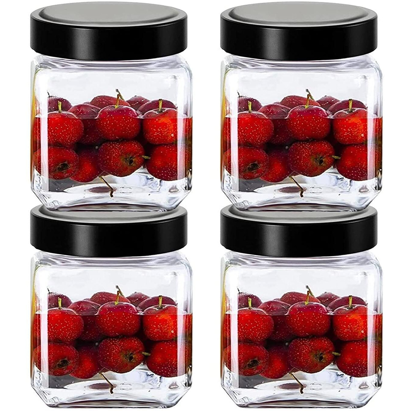 Vency Piramal Glass Cubical Square 600Ml Transparent Glass Jars & Containers For Kitchen Pantry, Snacks, Pickles, Cookies, Dry Fruits, Coffee Storage With Black Plastic Lid (600Ml, Set Of 4)