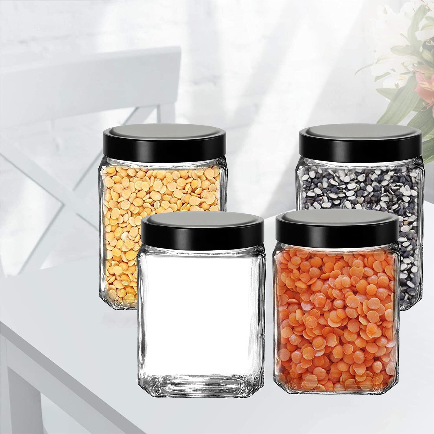Vency Piramal Glass Cubical Square 600Ml Transparent Glass Jars & Containers For Kitchen Pantry, Snacks, Pickles, Cookies, Dry Fruits, Coffee Storage With Black Plastic Lid (600Ml, Set Of 4)