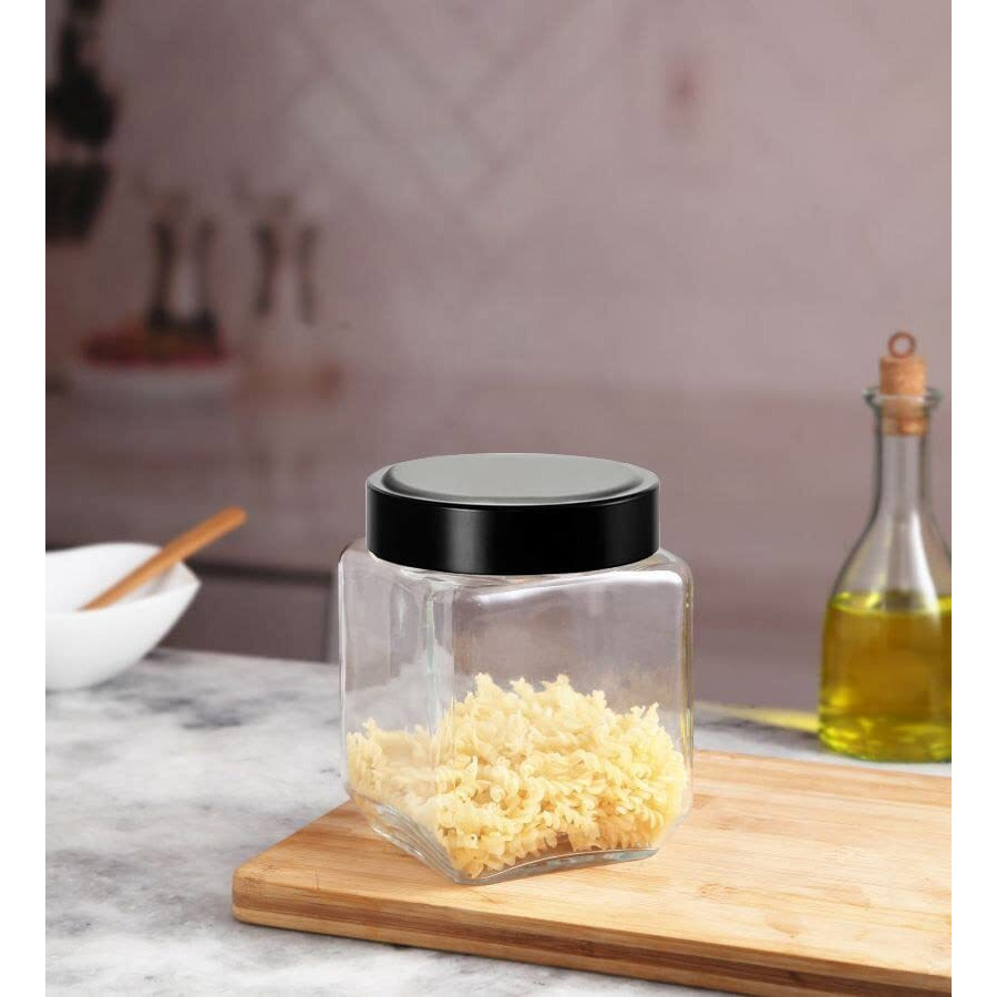 Vency Piramal Glass Cubical Square 600Ml Transparent Glass Jars & Containers For Kitchen Pantry, Snacks, Pickles, Cookies, Dry Fruits, Coffee Storage With Black Plastic Lid (600Ml, Set Of 4)