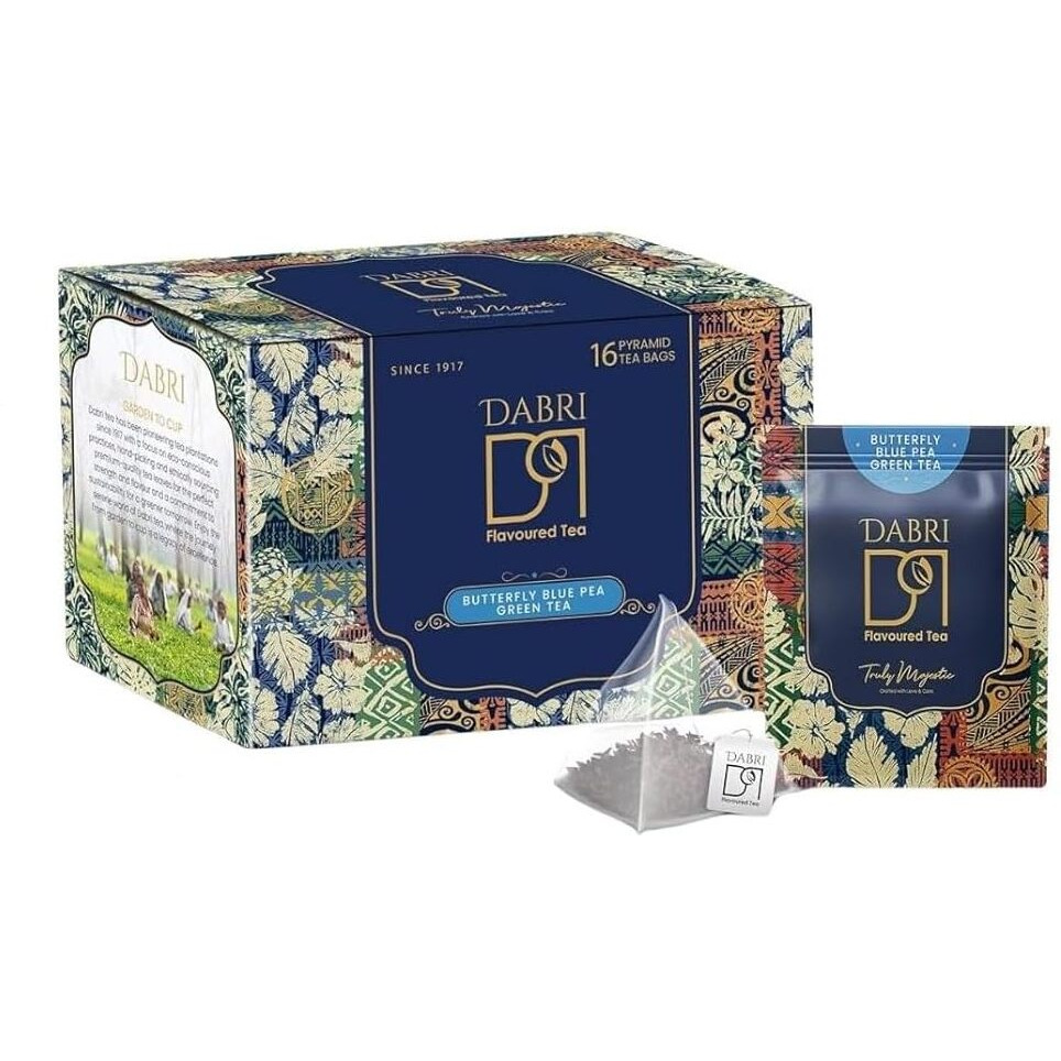 Dabri Blue Flower Butterfly Pea Green Tea Pouch (16 Pyramid Bags) | Regulate Blood Sugar Levels,Relieves Stress & Also Beneficial For Hair And Skin|Farm Packed For Freshness High On Anti Oxidants