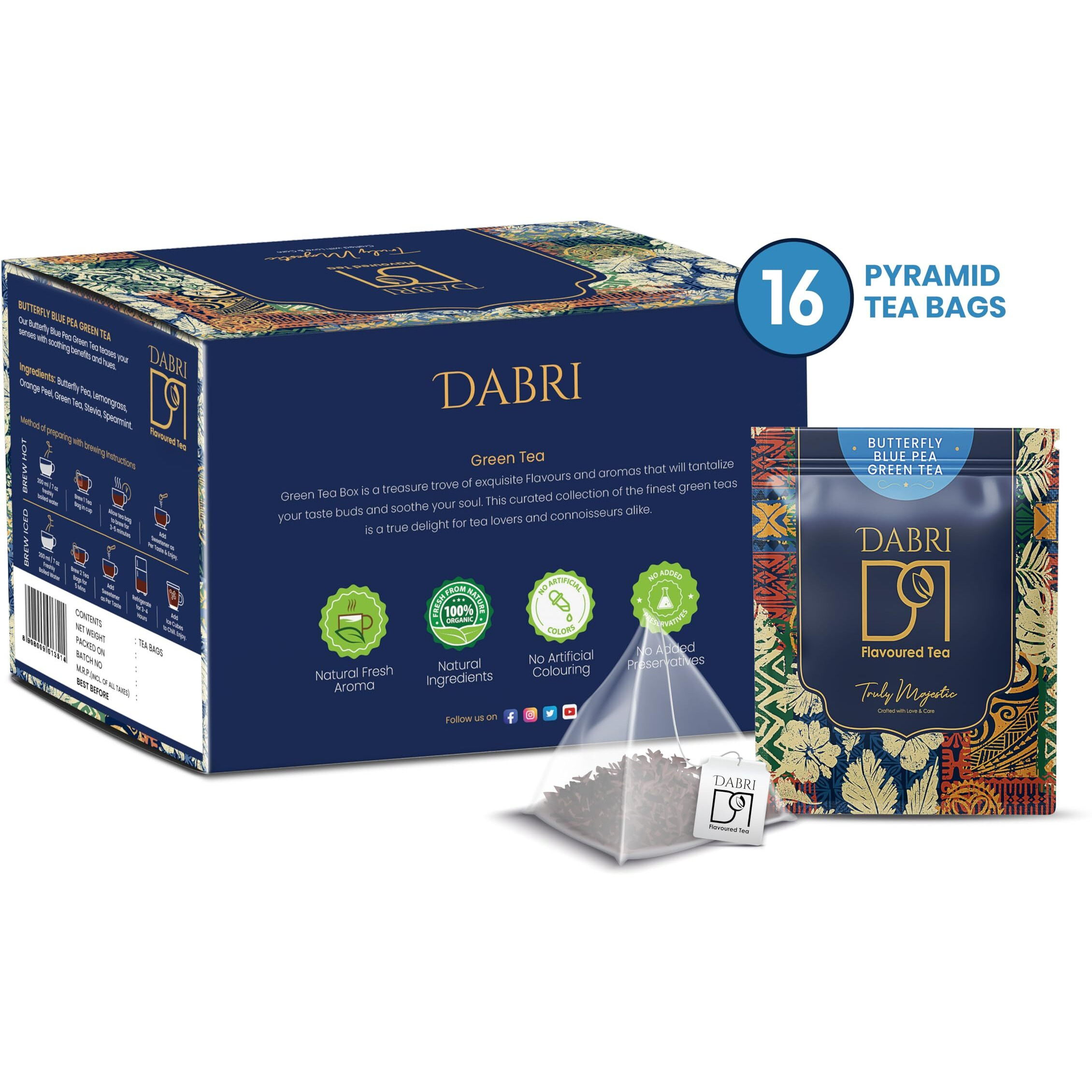 Dabri Blue Flower Butterfly Pea Green Tea Pouch (16 Pyramid Bags) | Regulate Blood Sugar Levels,Relieves Stress & Also Beneficial For Hair And Skin|Farm Packed For Freshness High On Anti Oxidants