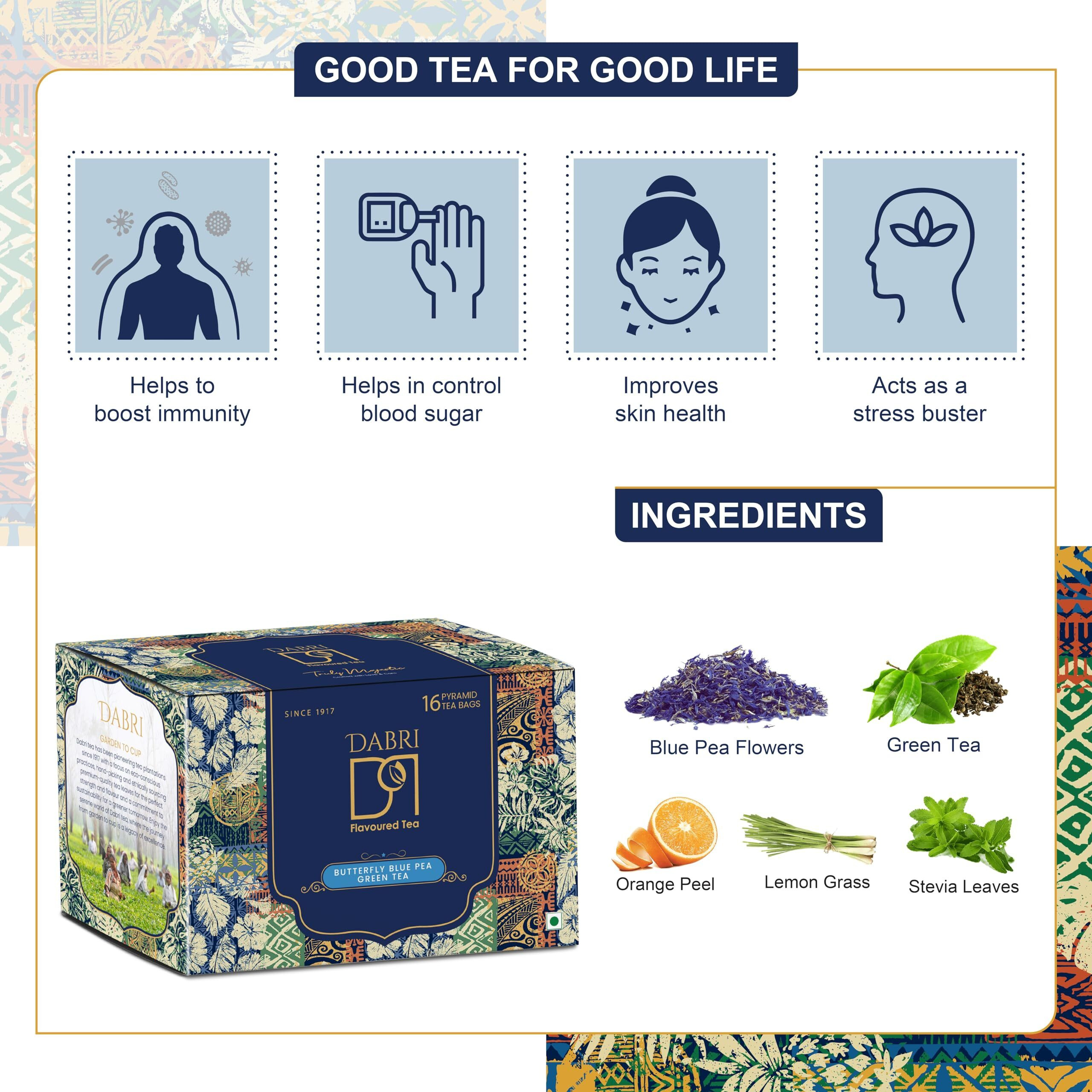 Dabri Blue Flower Butterfly Pea Green Tea Pouch (16 Pyramid Bags) | Regulate Blood Sugar Levels,Relieves Stress & Also Beneficial For Hair And Skin|Farm Packed For Freshness High On Anti Oxidants