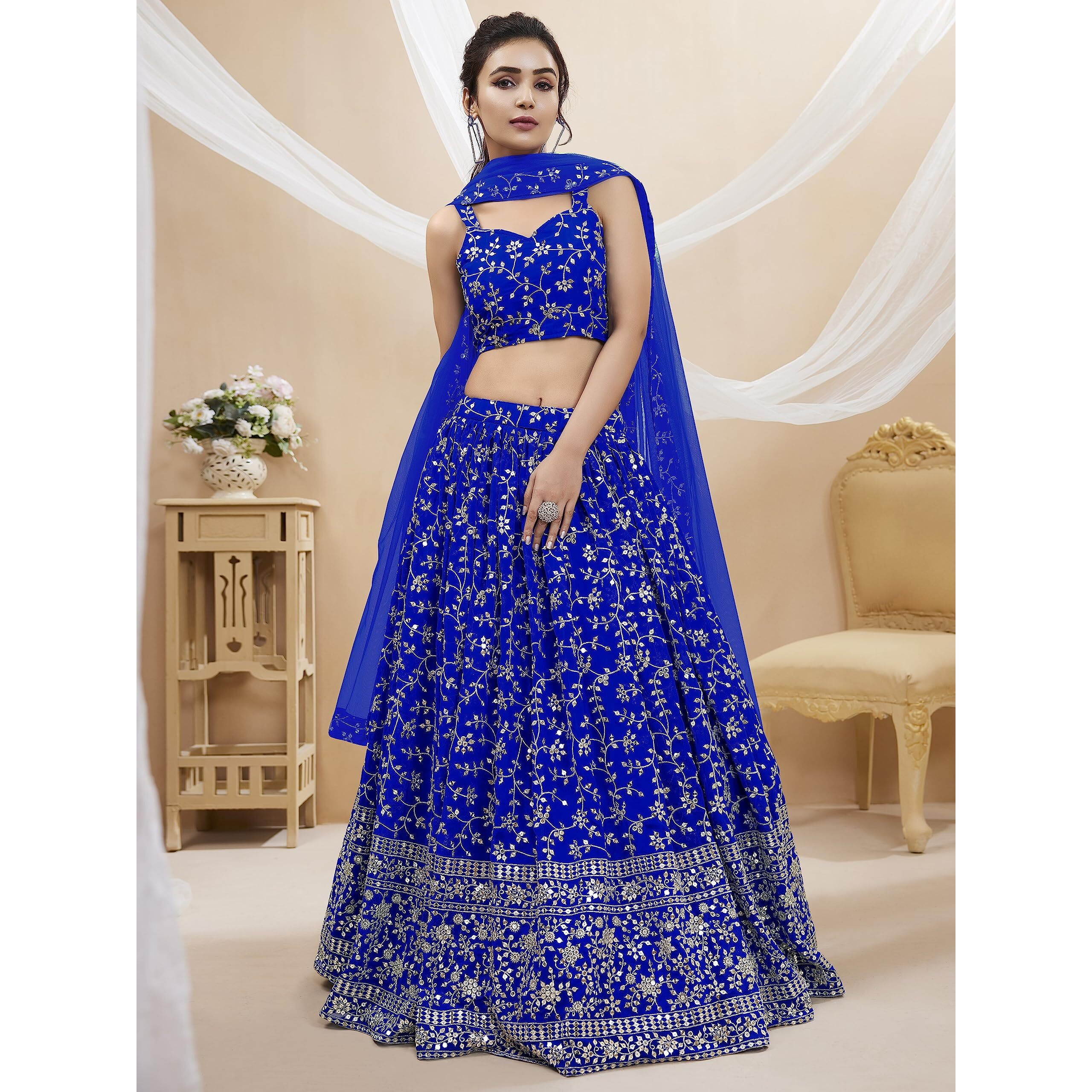 Zeel Clothing Women's Sequins Zari Embroidered Georgette Semi-Stitched Lehenga Choli With Dupatta (401-Blue-Wedding-Bridal-Latest-New Free Size) (Blue)