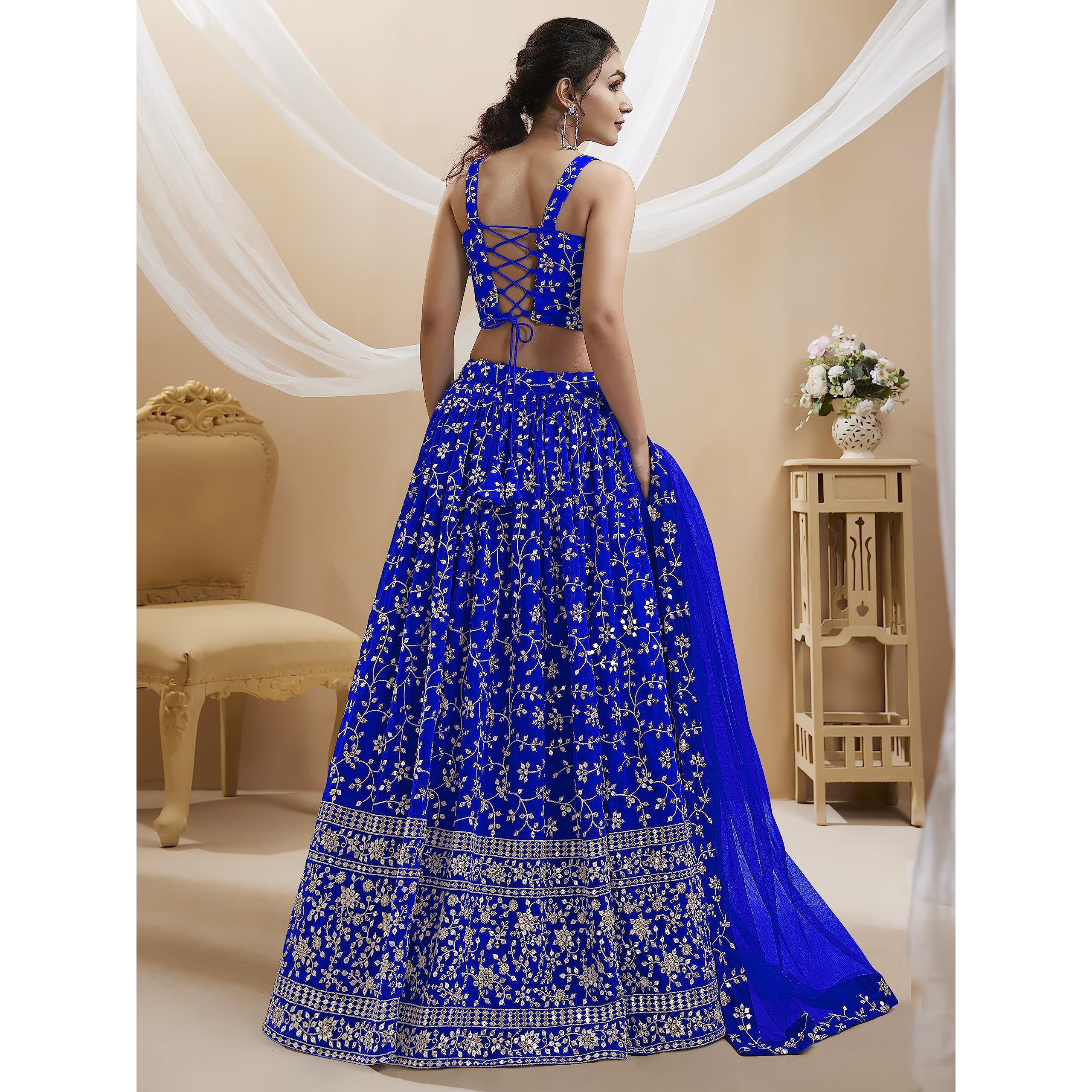 Zeel Clothing Women's Sequins Zari Embroidered Georgette Semi-Stitched Lehenga Choli With Dupatta (401-Blue-Wedding-Bridal-Latest-New Free Size) (Blue)