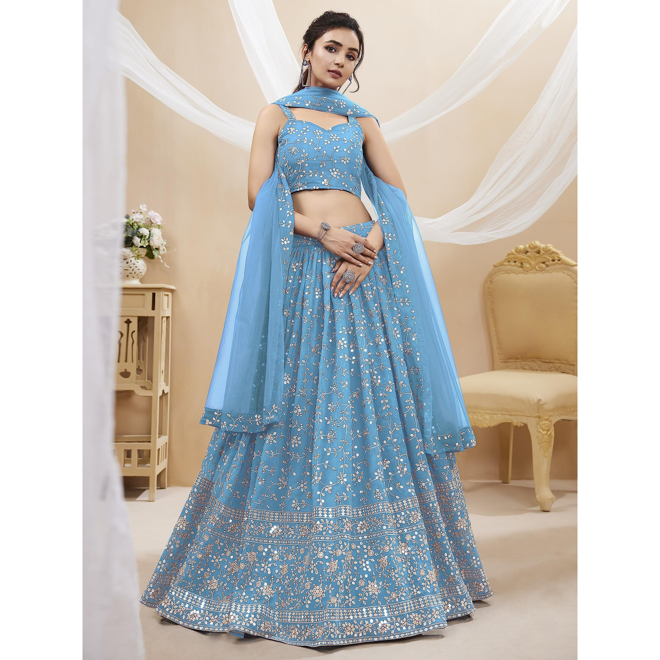 Zeel Clothing Women's Sequins Zari Embroidered Georgette Semi-Stitched Lehenga Choli With Dupatta (405-Skyblue-Wedding-Bridal-Latest-New Free Size) (Sky Blue)