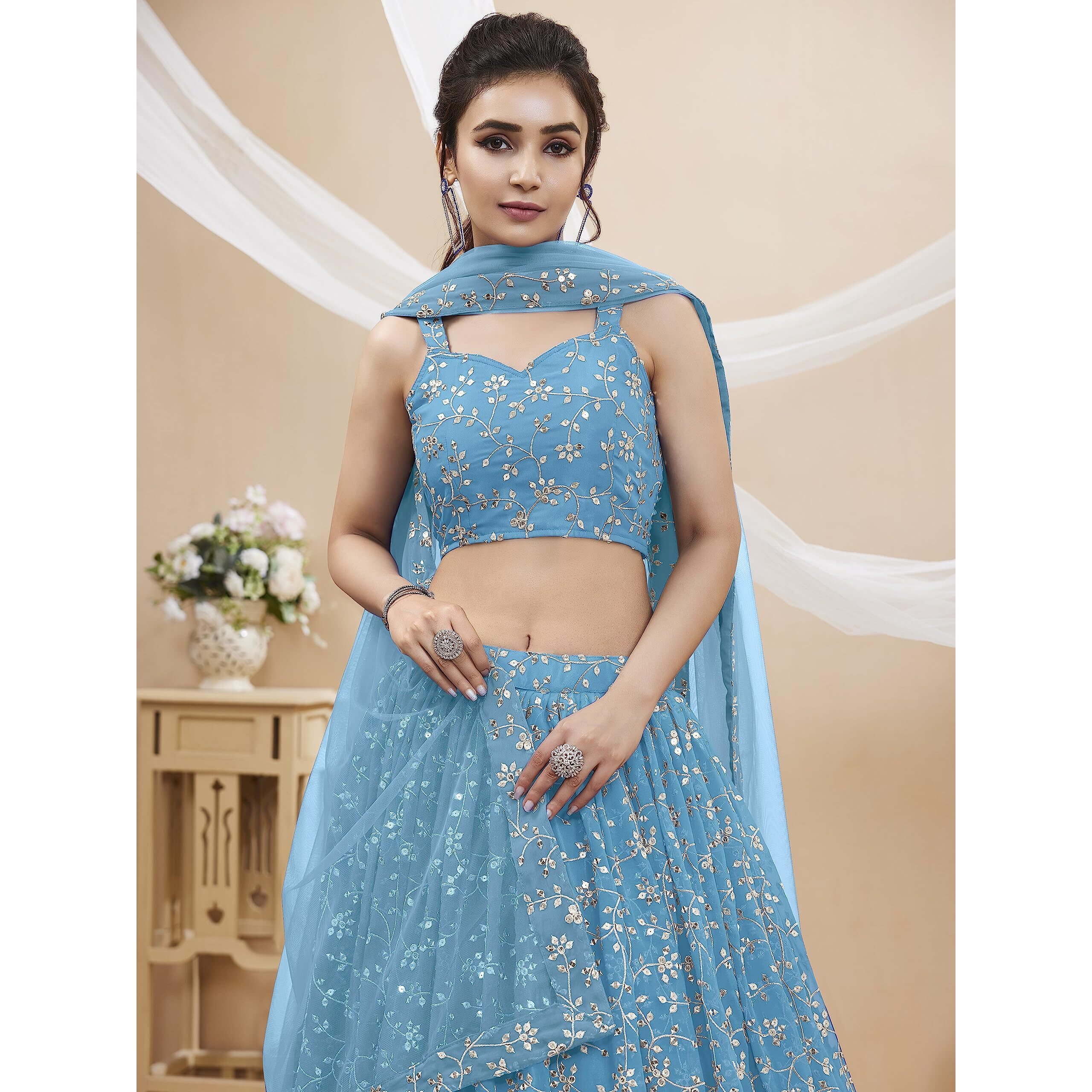 Zeel Clothing Women's Sequins Zari Embroidered Georgette Semi-Stitched Lehenga Choli With Dupatta (405-Skyblue-Wedding-Bridal-Latest-New Free Size) (Sky Blue)