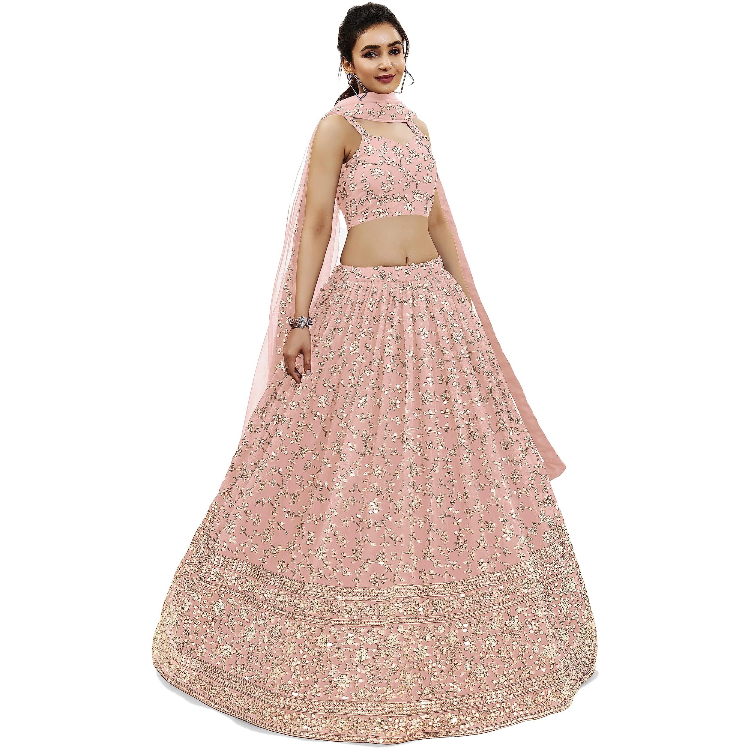 Zeel Clothing Women's Sequins Zari Embroidered Georgette Semi Stitched Lehenga Choli With Dupatta (403-Pink-Wedding-Bridal-Latest-New, Free Size) (Pink)