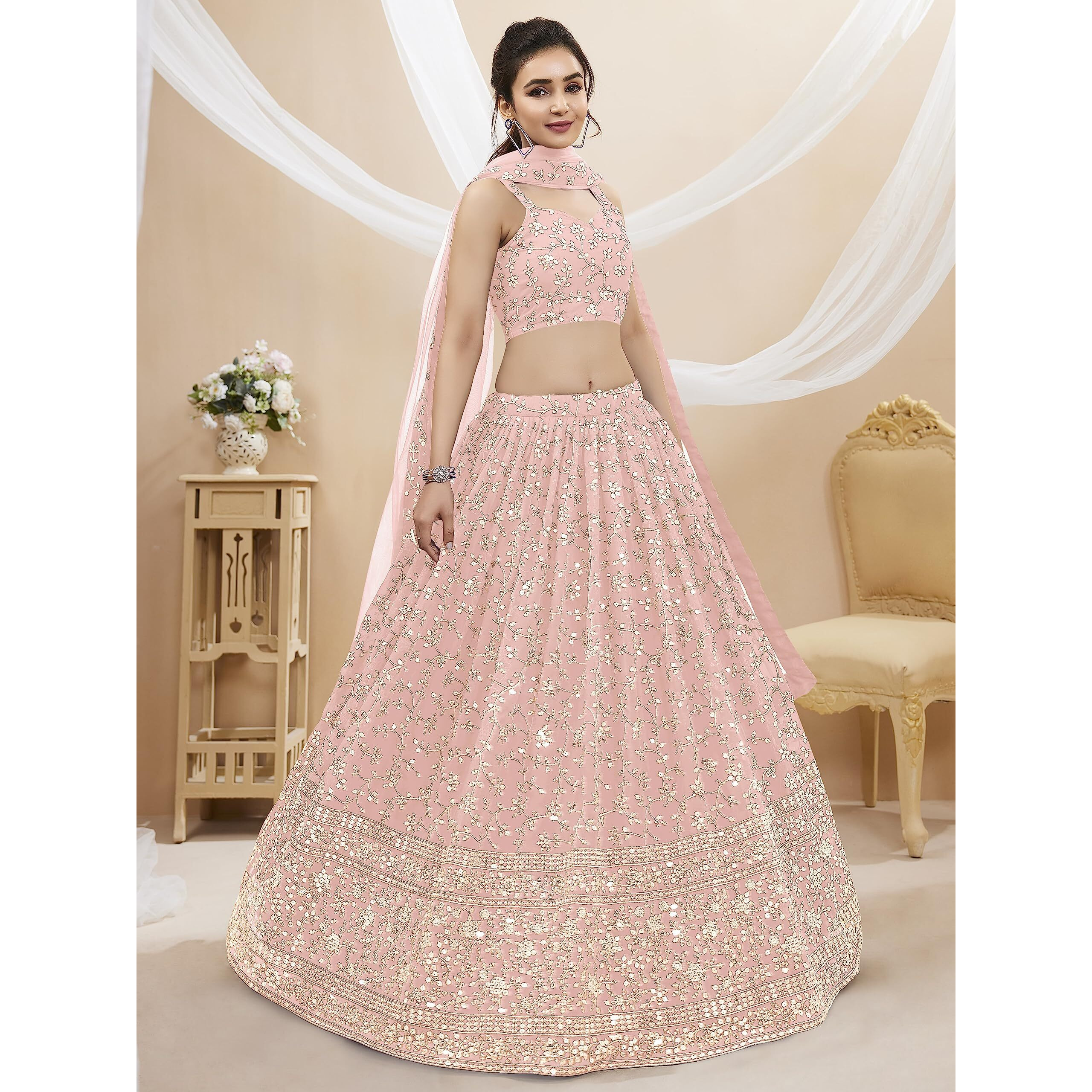 Zeel Clothing Women's Sequins Zari Embroidered Georgette Semi Stitched Lehenga Choli With Dupatta (403-Pink-Wedding-Bridal-Latest-New, Free Size) (Pink)