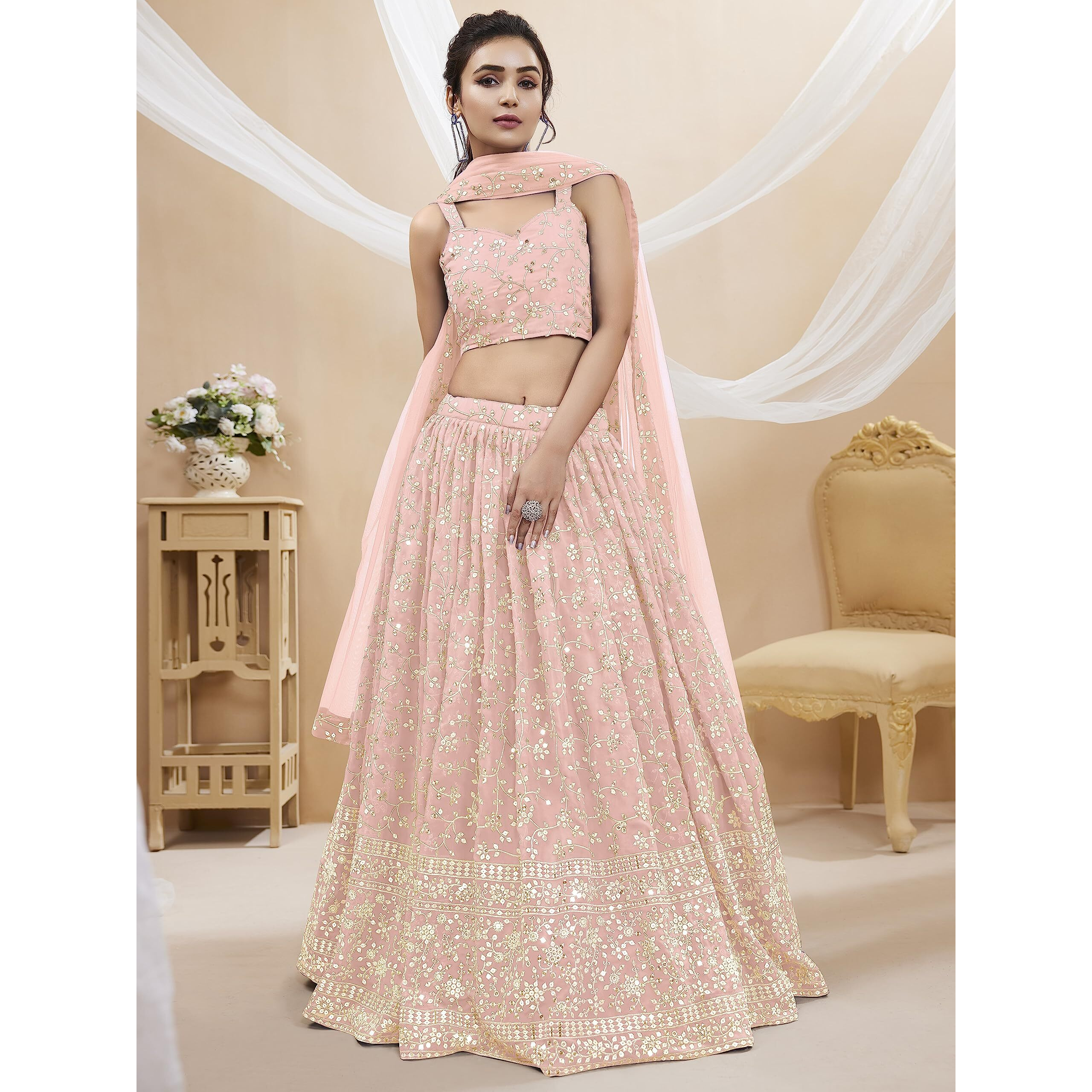 Zeel Clothing Women's Sequins Zari Embroidered Georgette Semi Stitched Lehenga Choli With Dupatta (403-Pink-Wedding-Bridal-Latest-New, Free Size) (Pink)