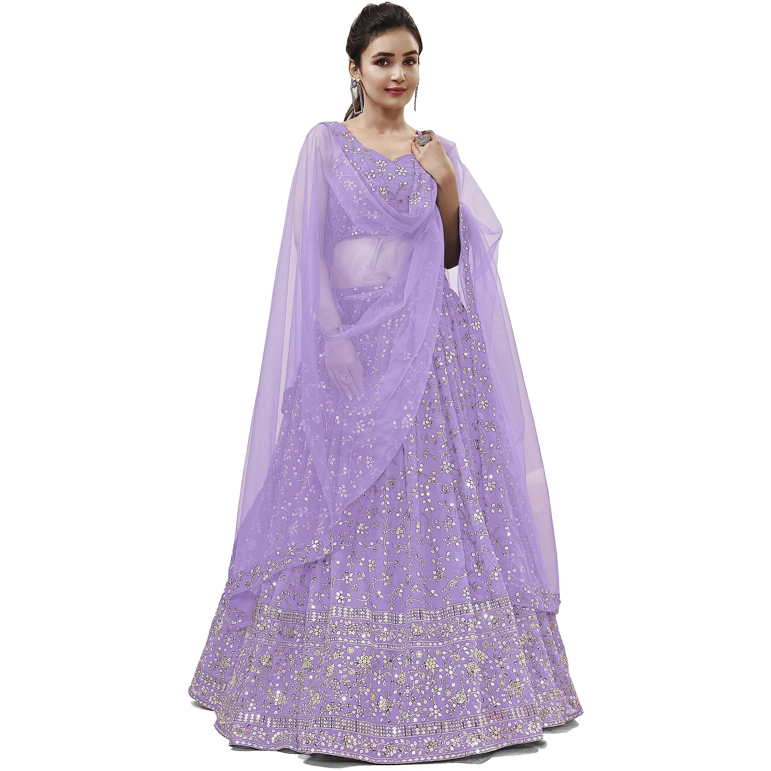 Zeel Clothing Women's Sequins Zari Embroidered Georgette Semi-Stitched Lehenga Choli With Dupatta (406-Lavender-Wedding-Bridal--New Free Size) (Lavender)