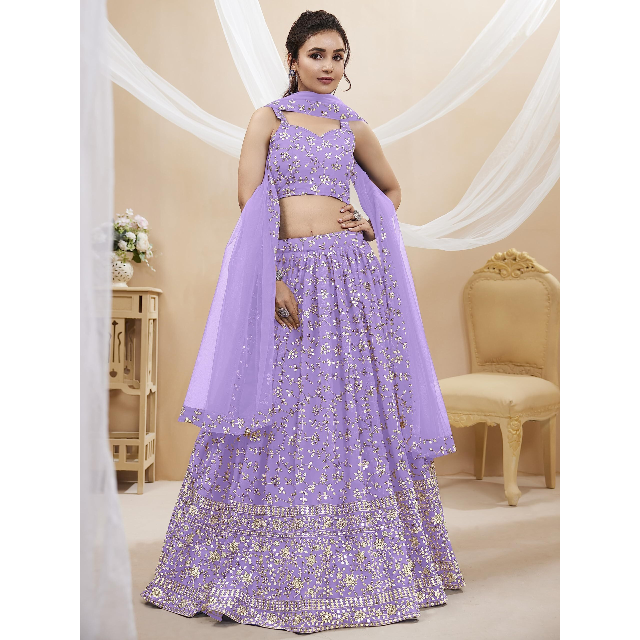 Zeel Clothing Women's Sequins Zari Embroidered Georgette Semi-Stitched Lehenga Choli With Dupatta (406-Lavender-Wedding-Bridal--New Free Size) (Lavender)