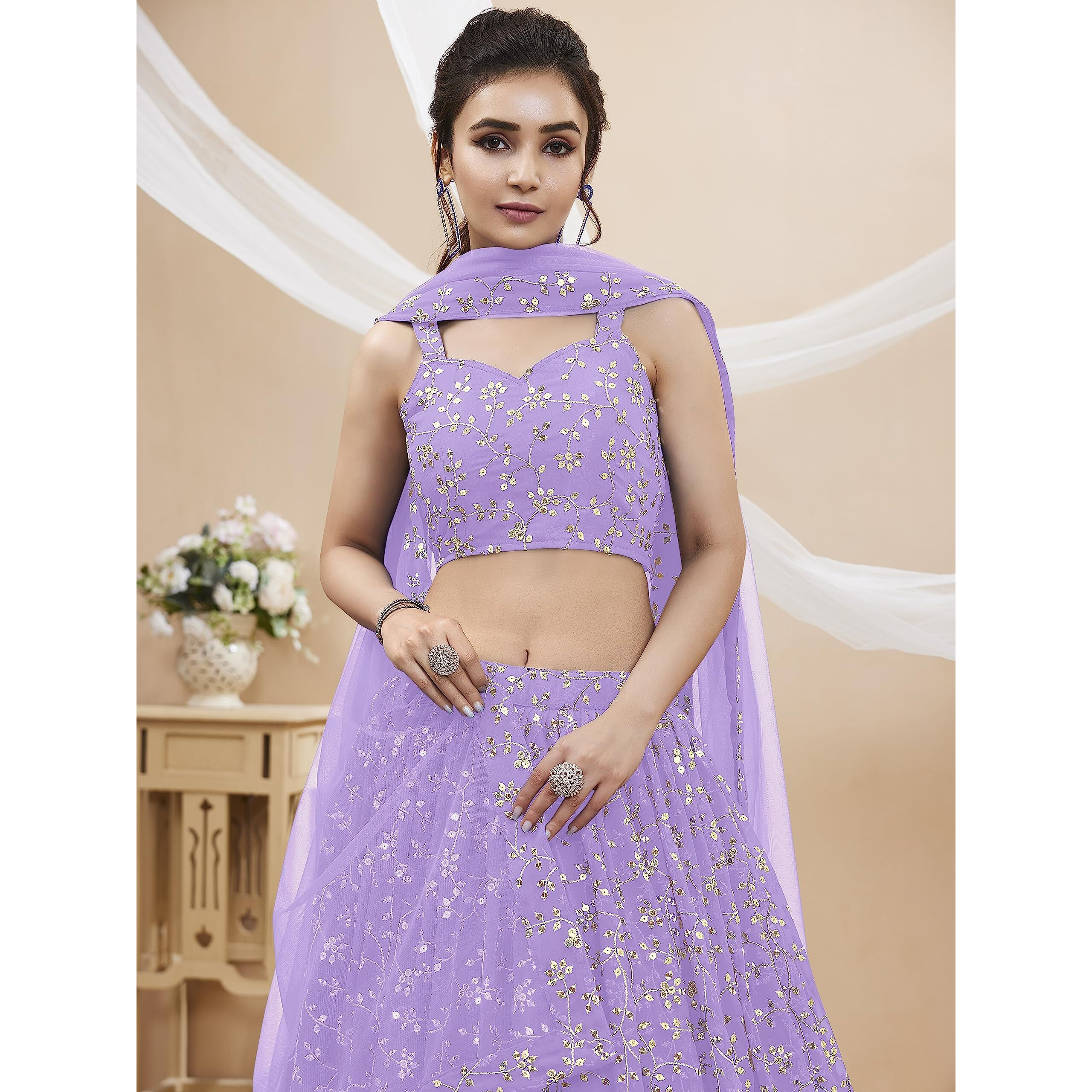 Zeel Clothing Women's Sequins Zari Embroidered Georgette Semi-Stitched Lehenga Choli With Dupatta (406-Lavender-Wedding-Bridal--New Free Size) (Lavender)