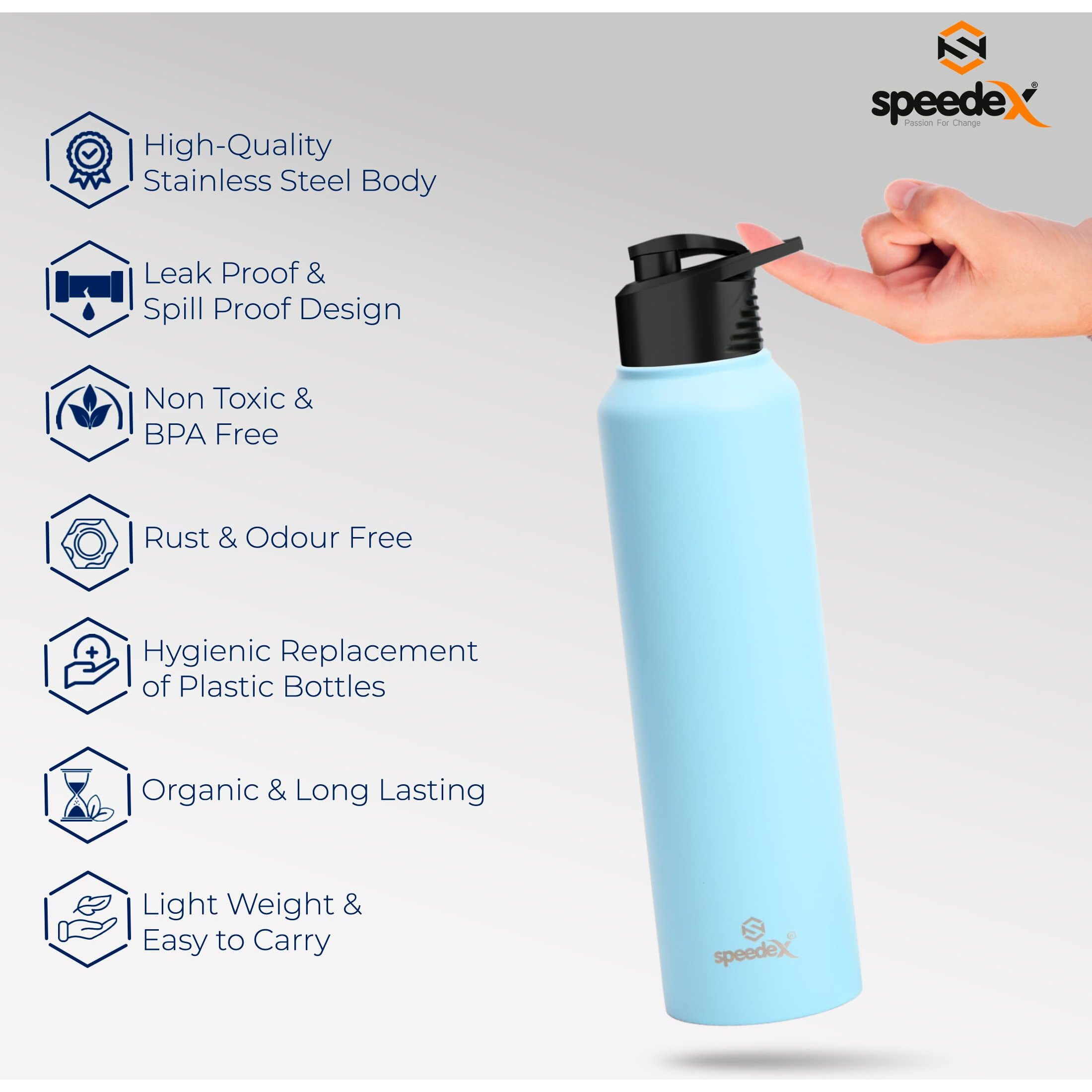 Speedex Stainless Steel Water Bottle 1 Ltr For Kids, Boys, Girls, 1 Litre Bottles For Gym, Sports, Fridge Use, School & Office - 1000Ml, Pastel Blue Colour, Set Of 3, Sipper Cap