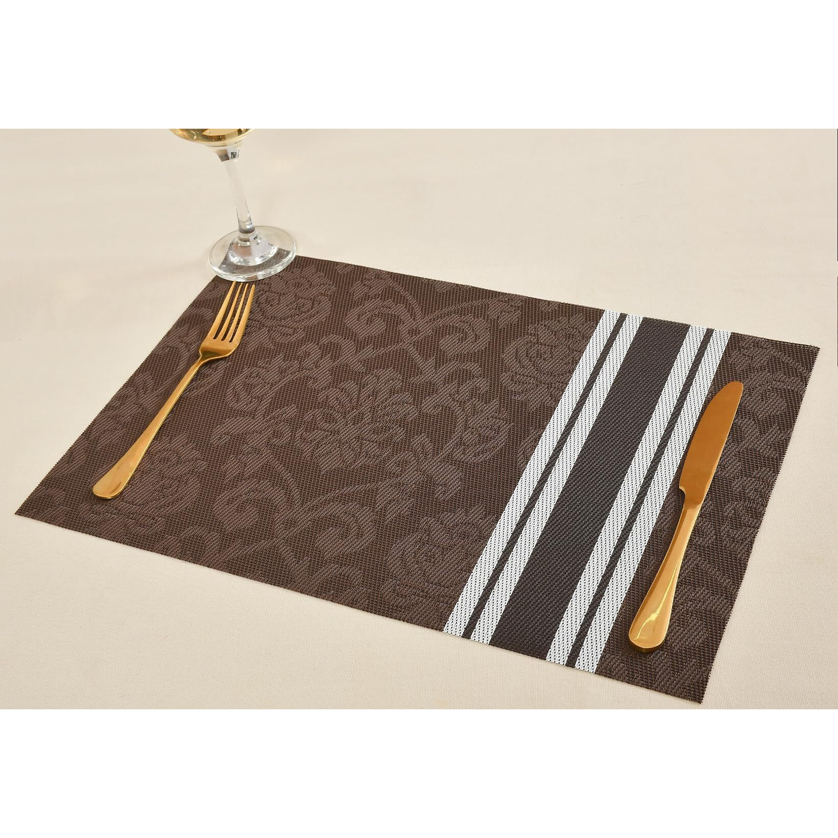 Yellow Weaves Pvc Dining Table Placemats | Heat Resistant Dining Table Place Mats For Kitchen Coffee Center Table Side Party - (Set Of 4, Dark Brown Stripe)