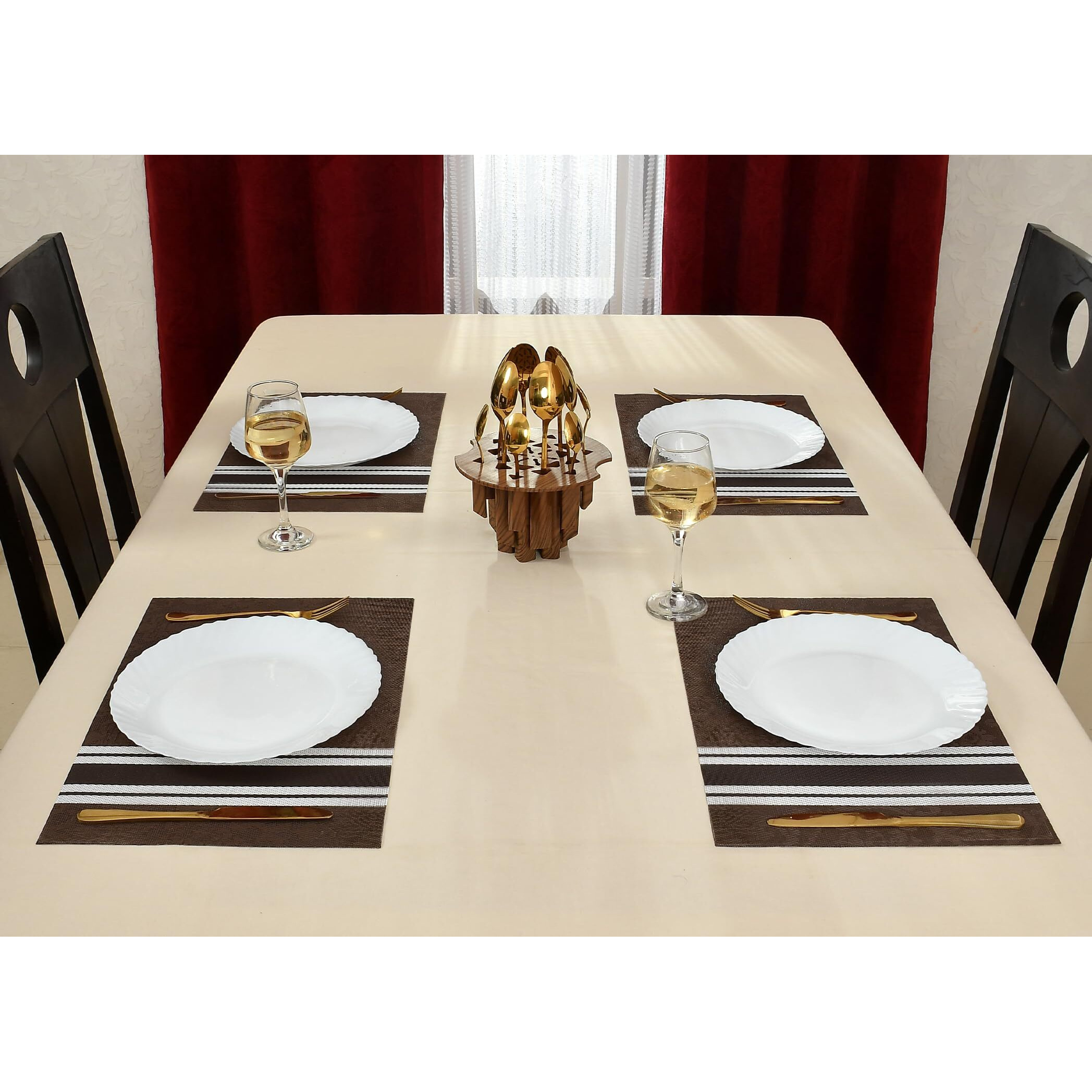 Yellow Weaves Pvc Dining Table Placemats | Heat Resistant Dining Table Place Mats For Kitchen Coffee Center Table Side Party - (Set Of 4, Dark Brown Stripe)