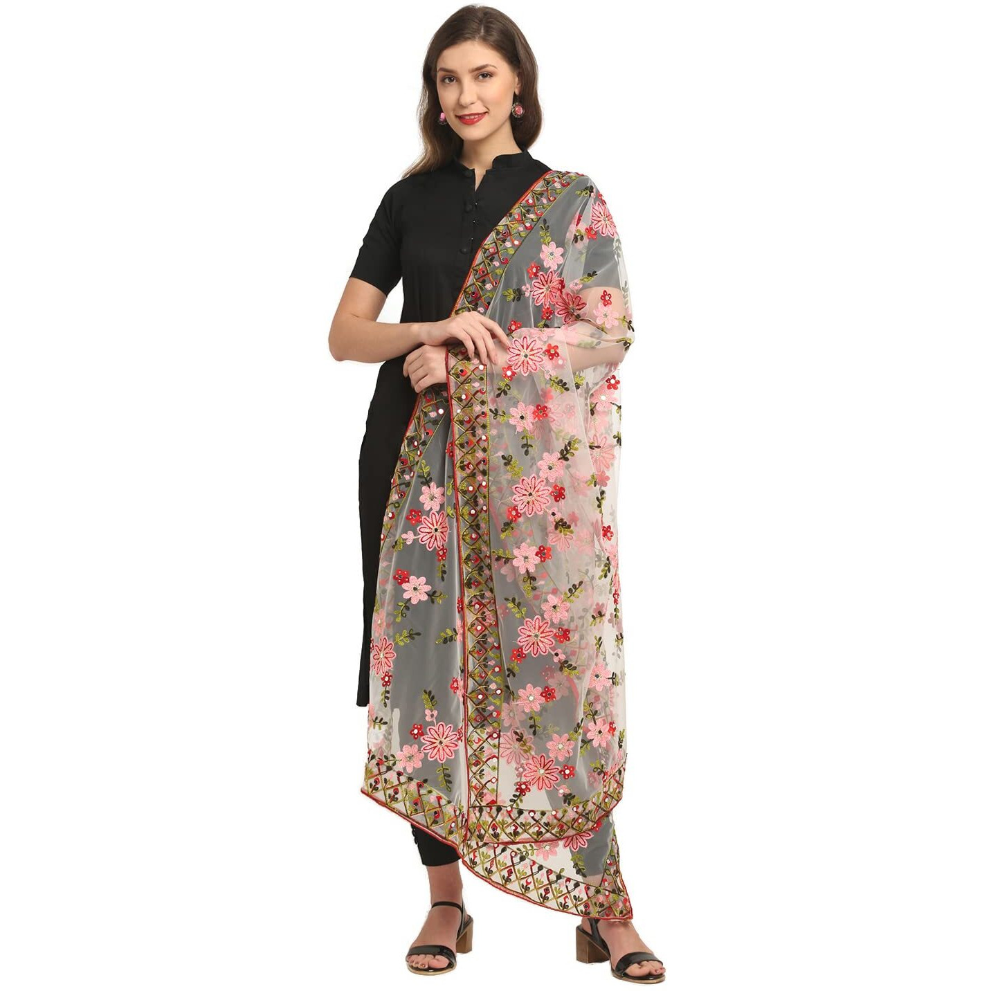 Shasmi Women's Heavy Net Embroidered Fancy Phulkari Work Dupatta For Women (Only Dupatta) (White)