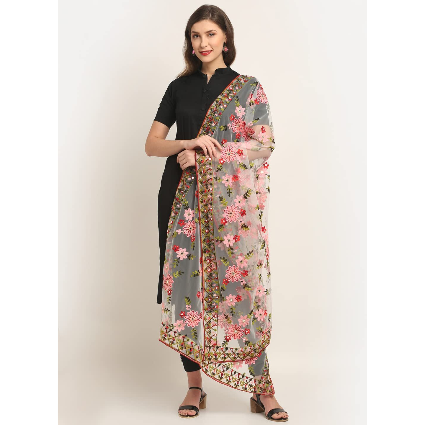 Shasmi Women's Heavy Net Embroidered Fancy Phulkari Work Dupatta For Women (Only Dupatta) (White)