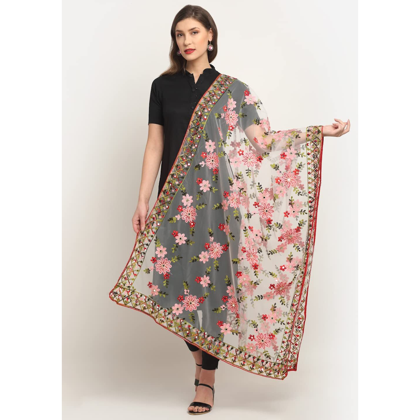 Shasmi Women's Heavy Net Embroidered Fancy Phulkari Work Dupatta For Women (Only Dupatta) (White)
