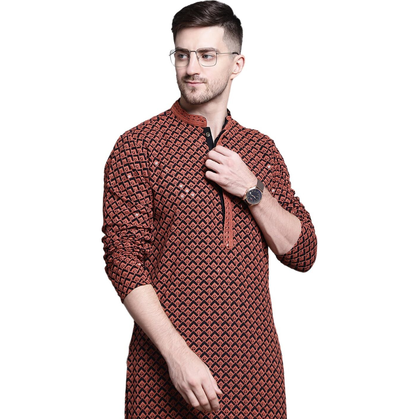 Jompers Mens Sequin Embroidered Pure Cotton Kurtas (Orange, M)
