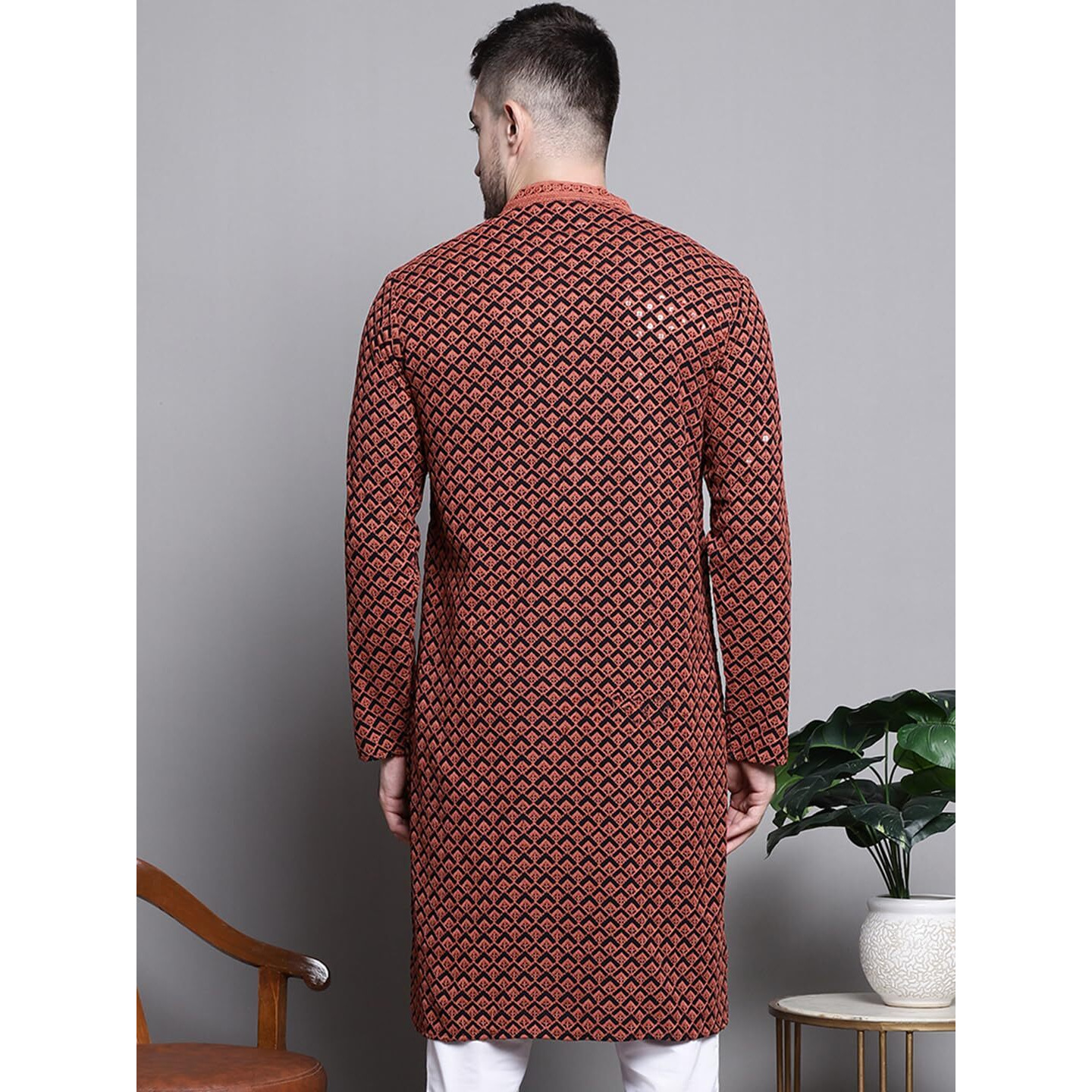 Jompers Mens Sequin Embroidered Pure Cotton Kurtas (Orange, M)
