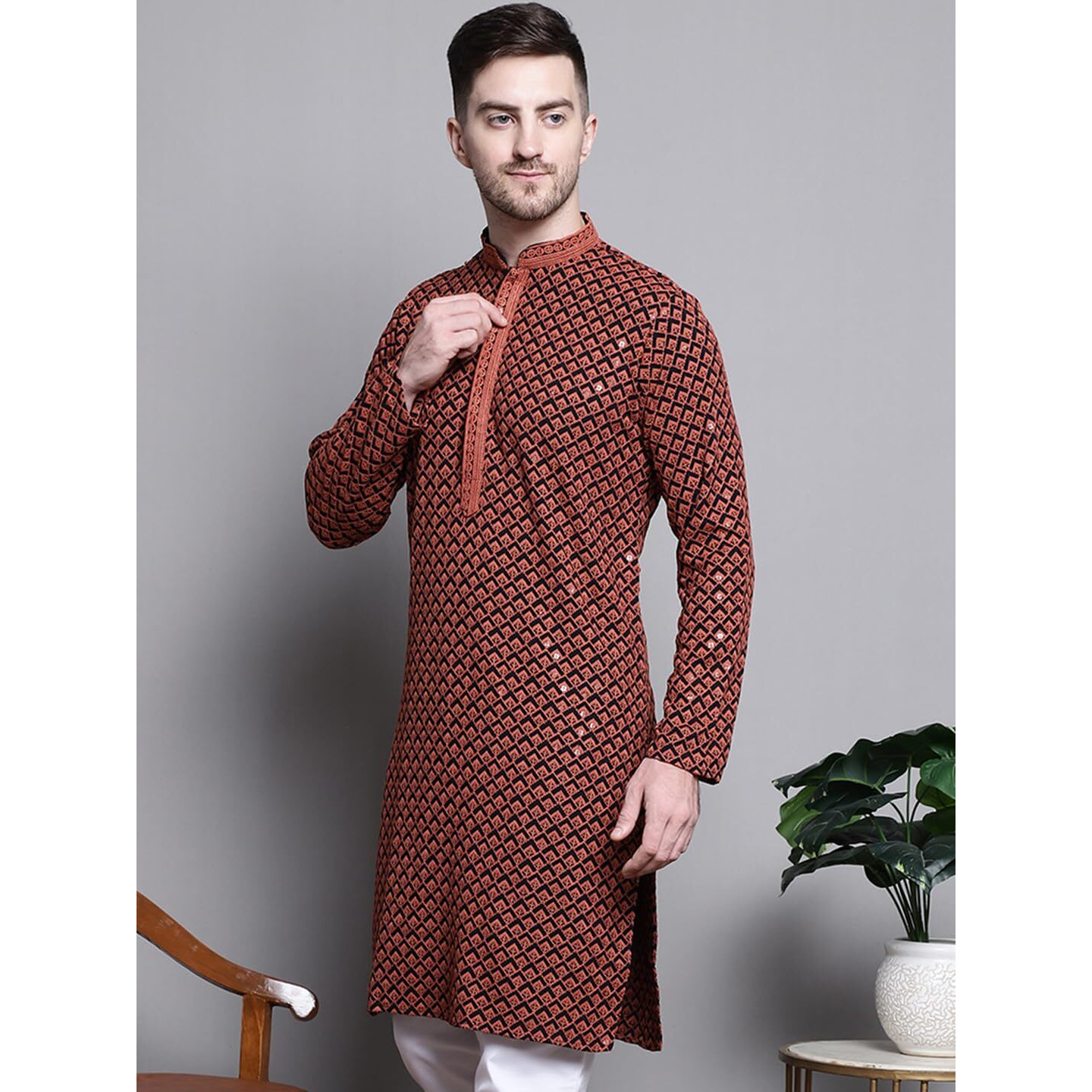 Jompers Mens Sequin Embroidered Pure Cotton Kurtas (Orange, M)