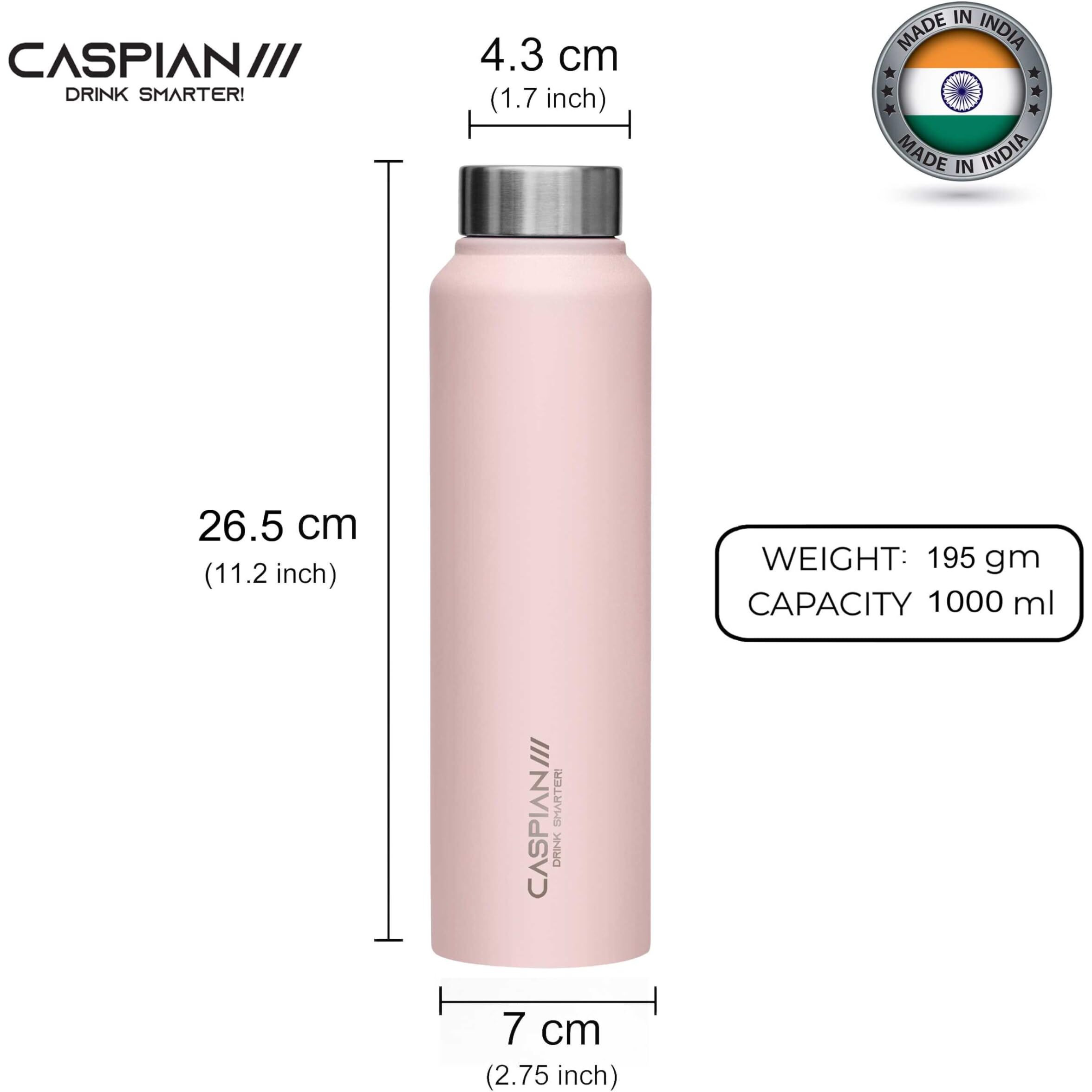 Caspian /// Astra Stainless Steel Water Bottle (Light Pink, 1 Litre, Set Of 1)| Leak Proof Thunder For Fridge Home Office Travel School Kids Boys Girls Adults Sports Gym Yoga
