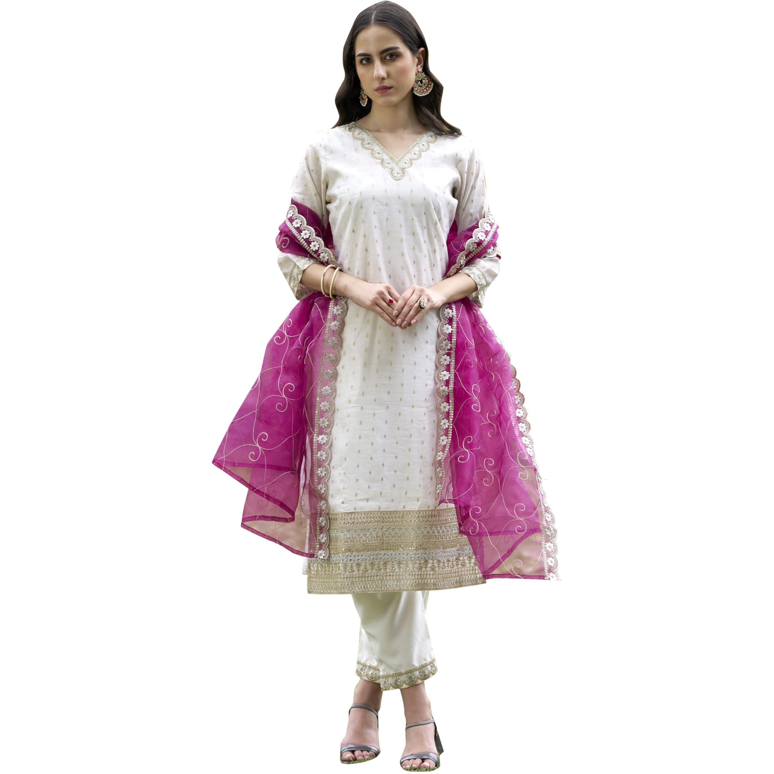 Vredevogel Women's Chanderi Silk Embroidered Kurta With Pant & Organza Dupatta Set (White_Small)