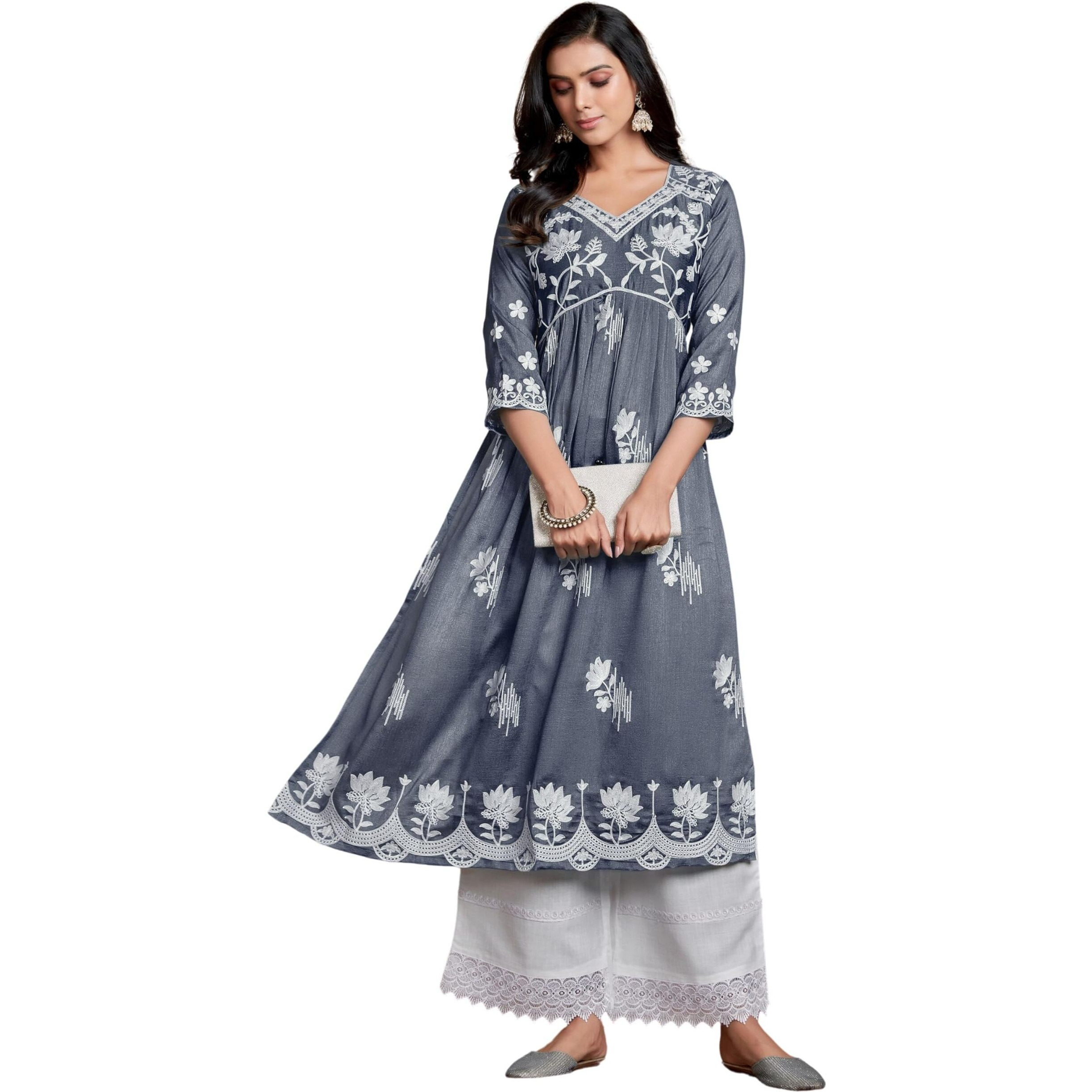Ethnicjunction Women's Vichitra Silk Chikankari Embroidered Naira Cut Regular Fit Kurta Dark Grey