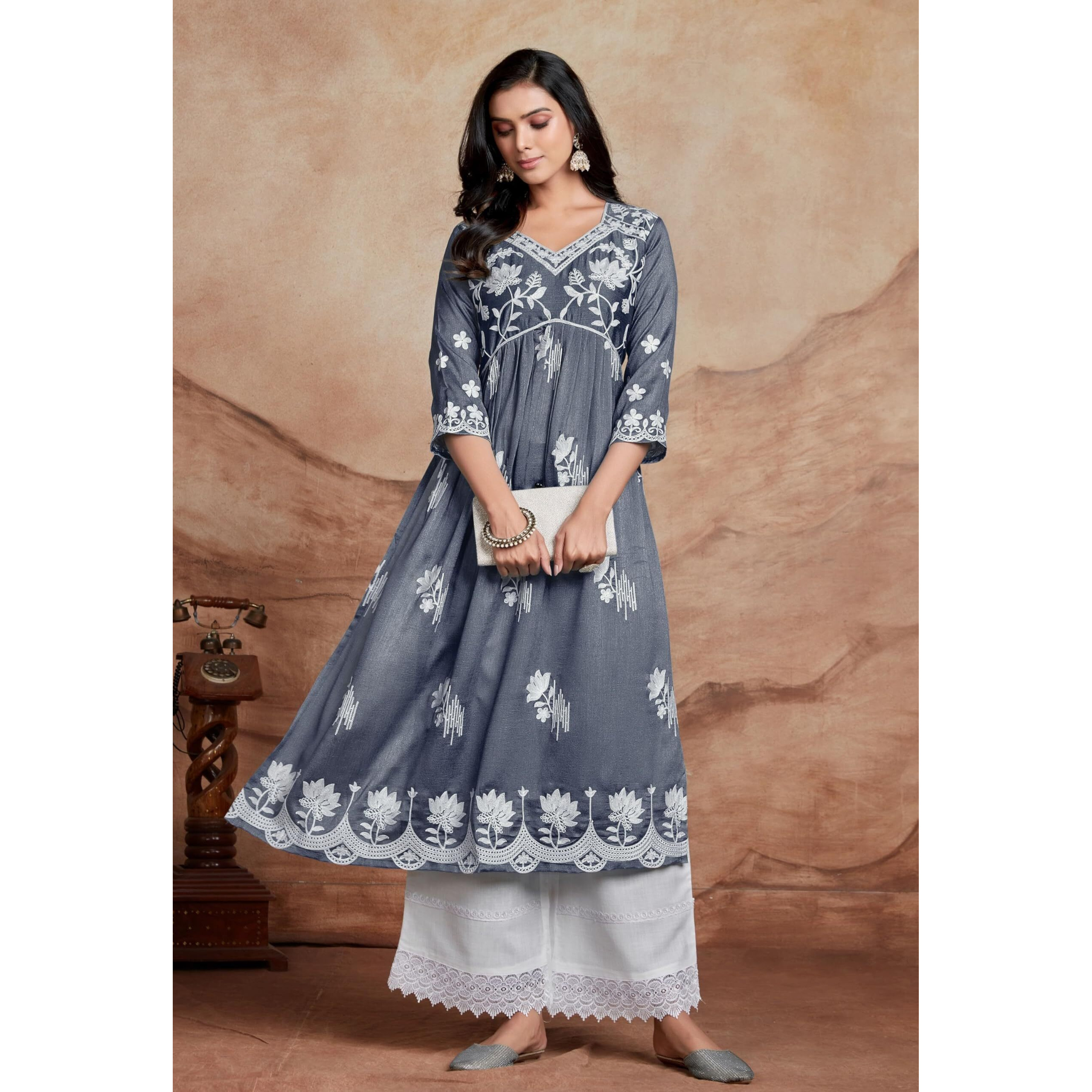 Ethnicjunction Women's Vichitra Silk Chikankari Embroidered Naira Cut Regular Fit Kurta Dark Grey