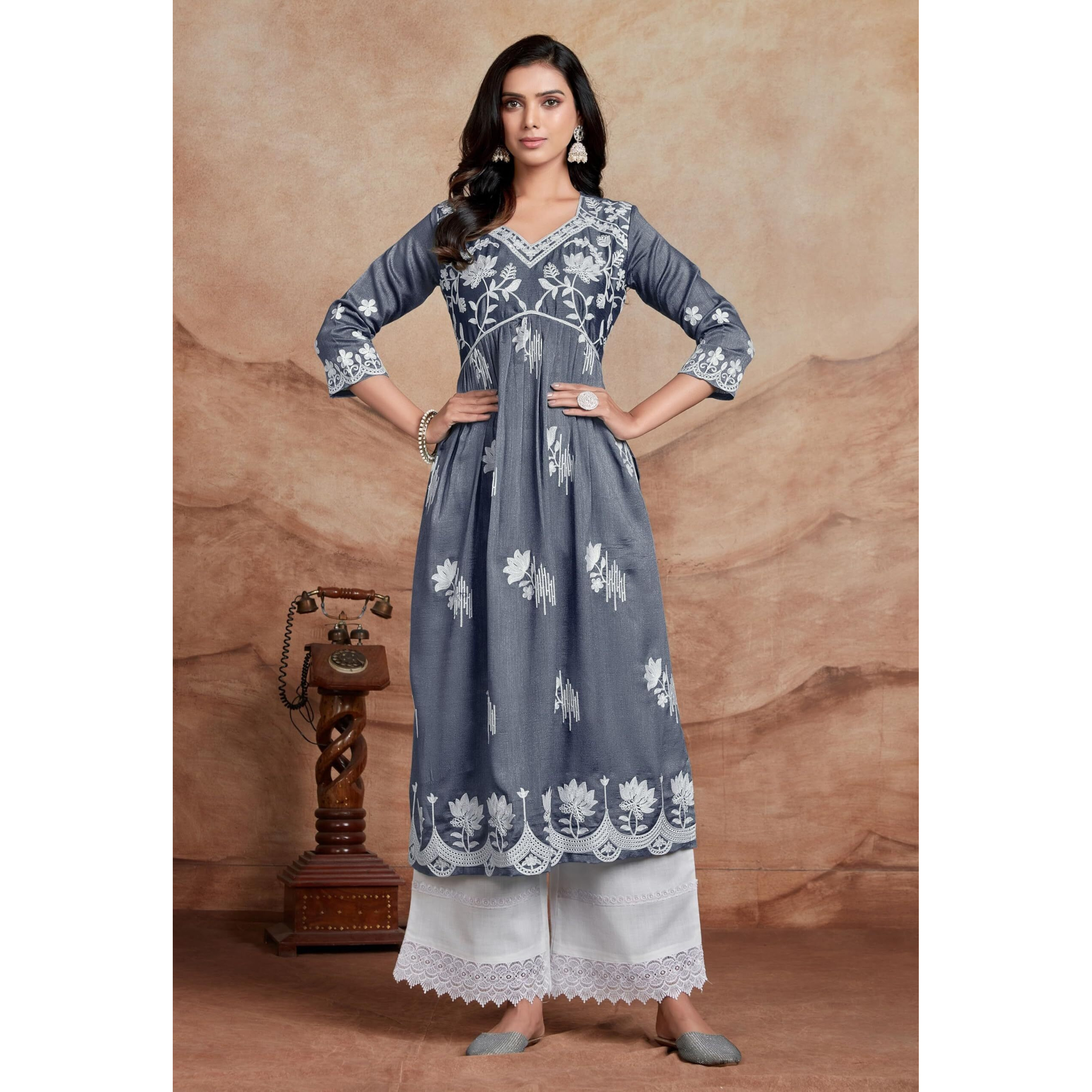 Ethnicjunction Women's Vichitra Silk Chikankari Embroidered Naira Cut Regular Fit Kurta Dark Grey