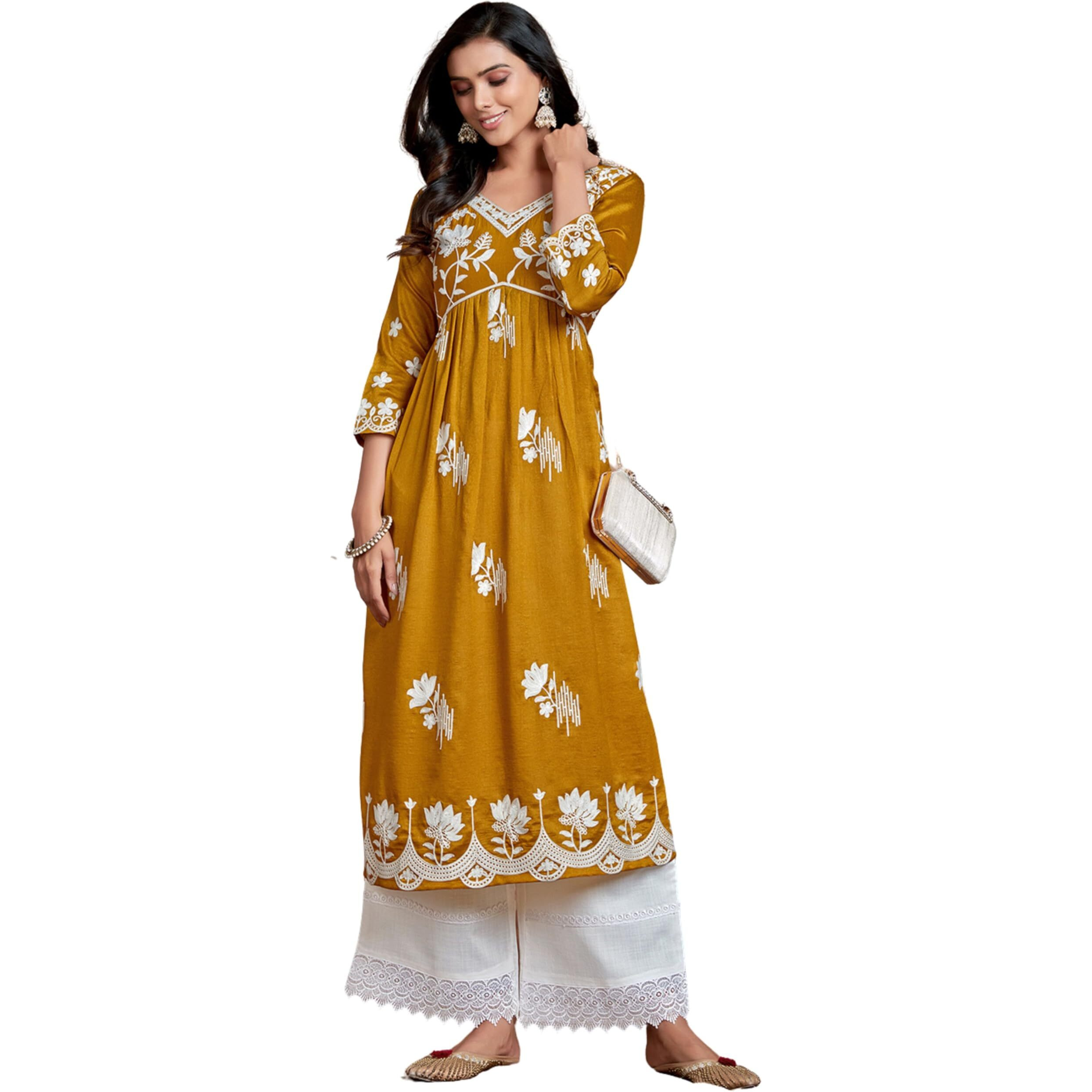 Ethnicjunction Women's Chikankari Embroidered Naira Cut Kurta Gold
