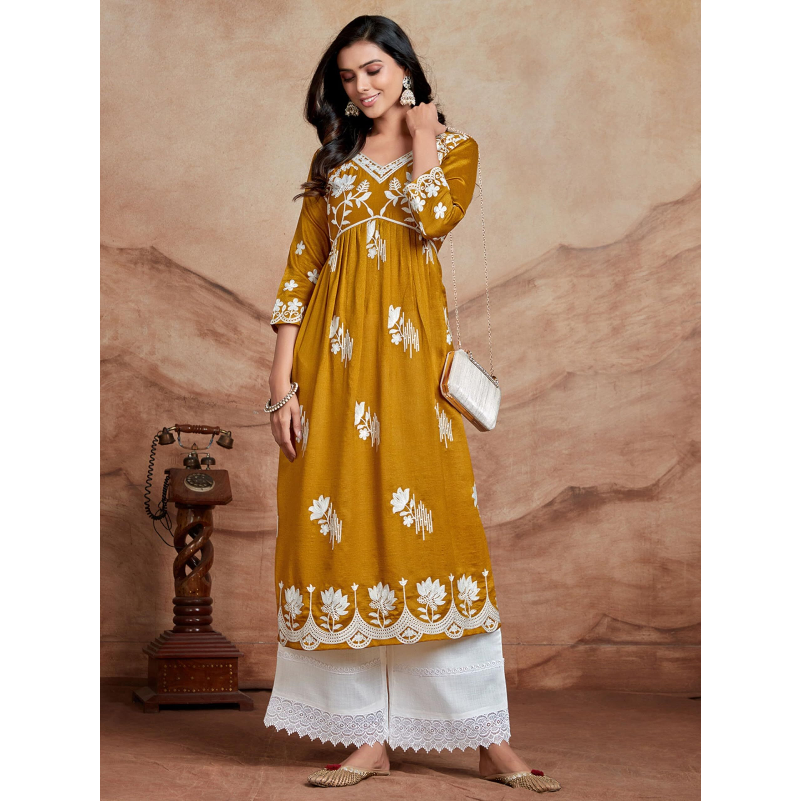 Ethnicjunction Women's Chikankari Embroidered Naira Cut Kurta Gold